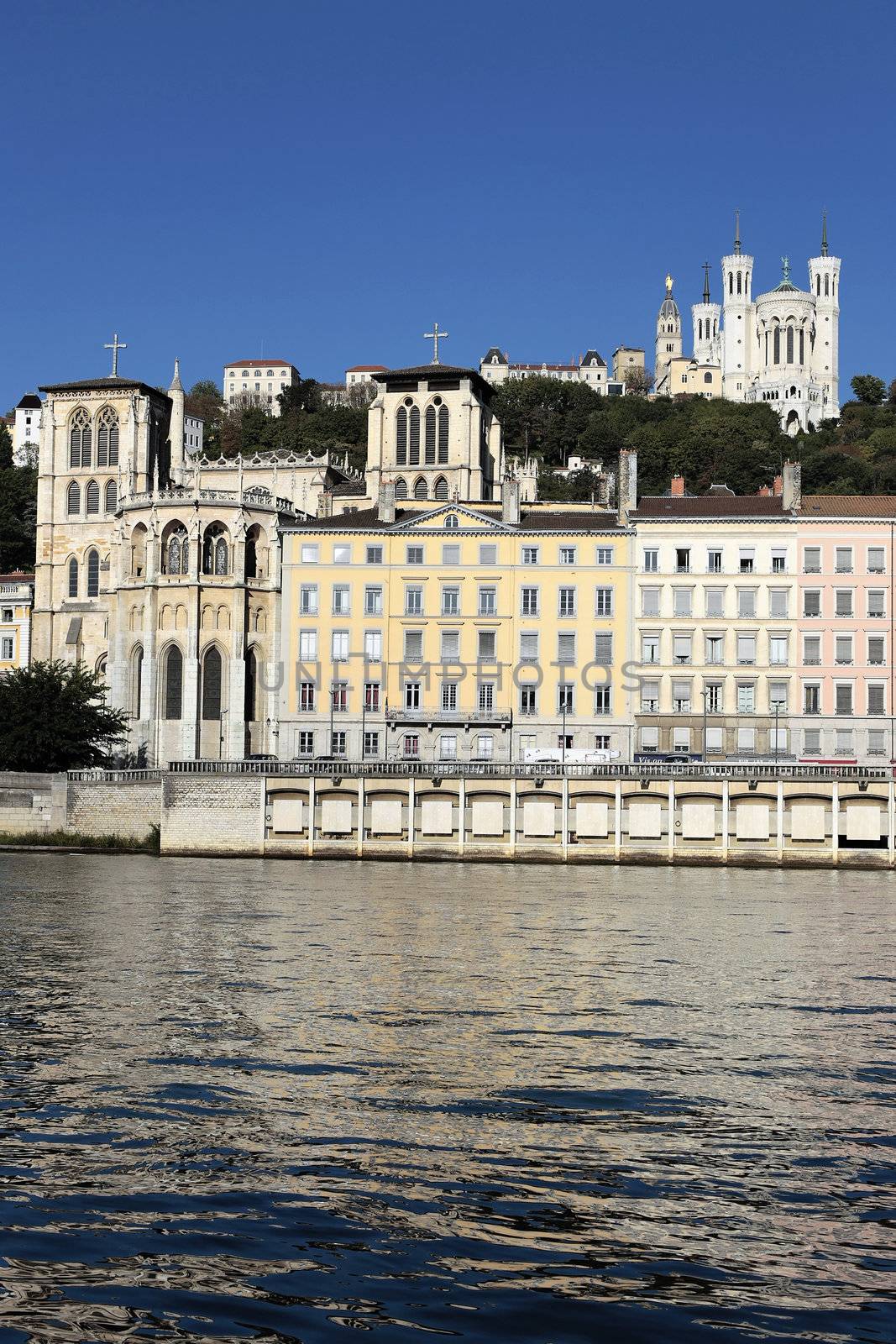 Lyon city with Rhone river and basilica