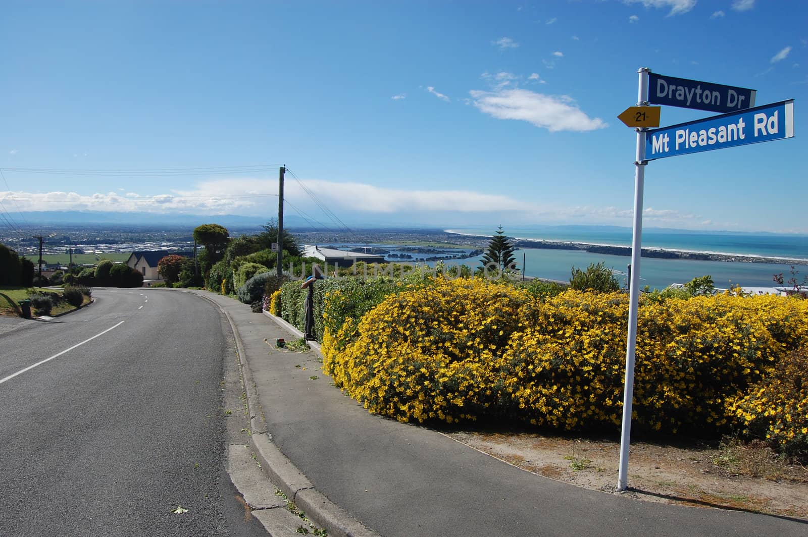 Town road sign hill view, Christchurch, New Zealand