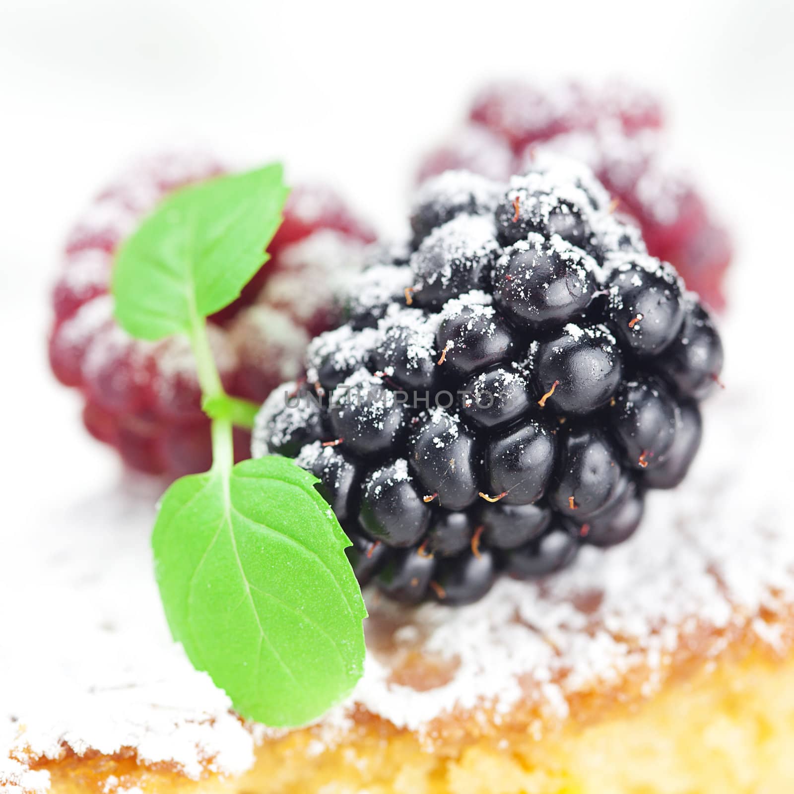 cake with icing, raspberry, blackberry and mint  on a white background