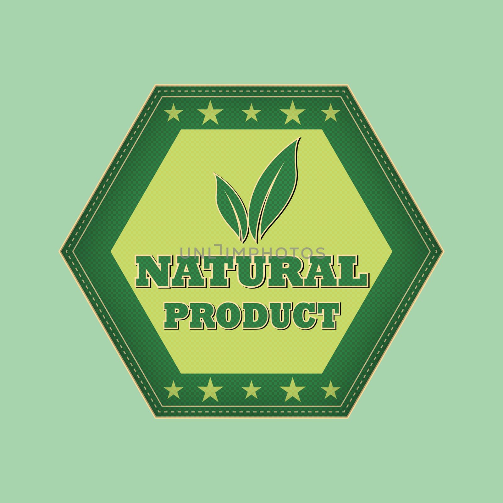 natural product and leaf sign - retro style green hexagon label with text, symbol and stars, business eco bio concept