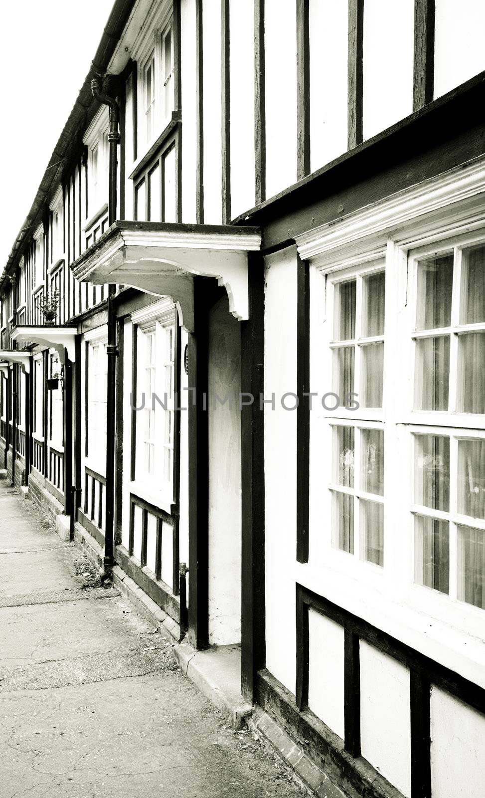 Tradition english houses with timber beams in monochrome