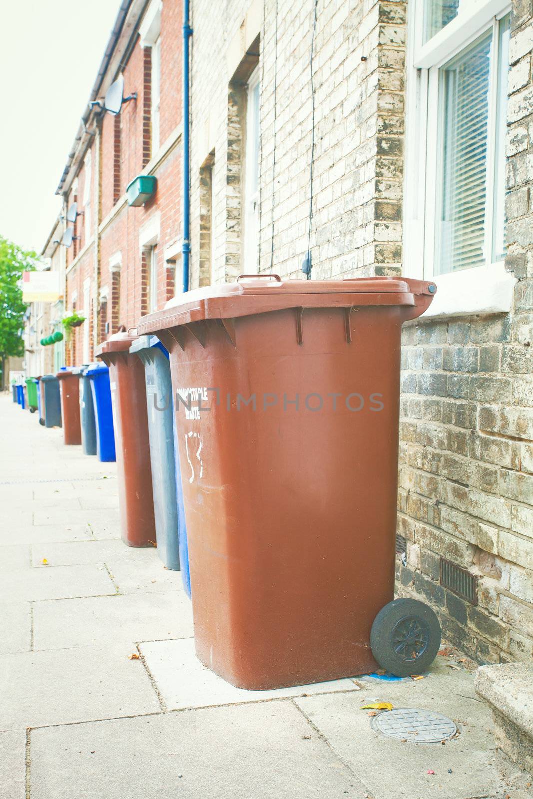 Row of plastic bins for collection in England