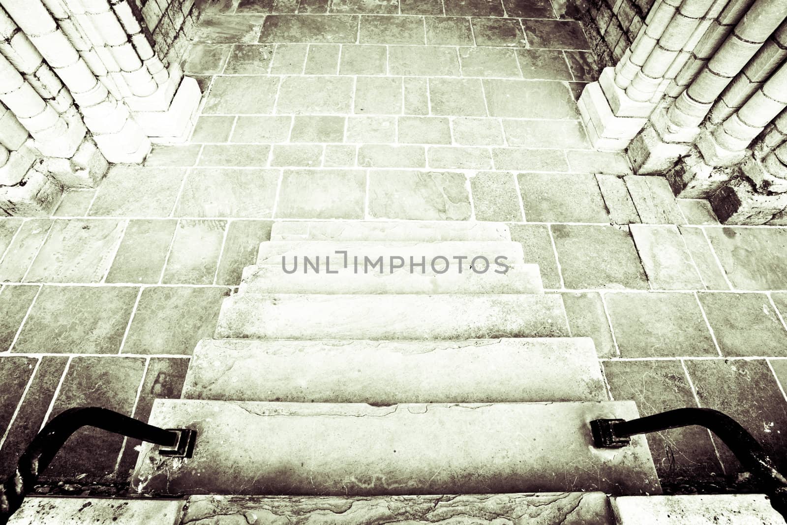 Monochrome image of a medieval stone staircase