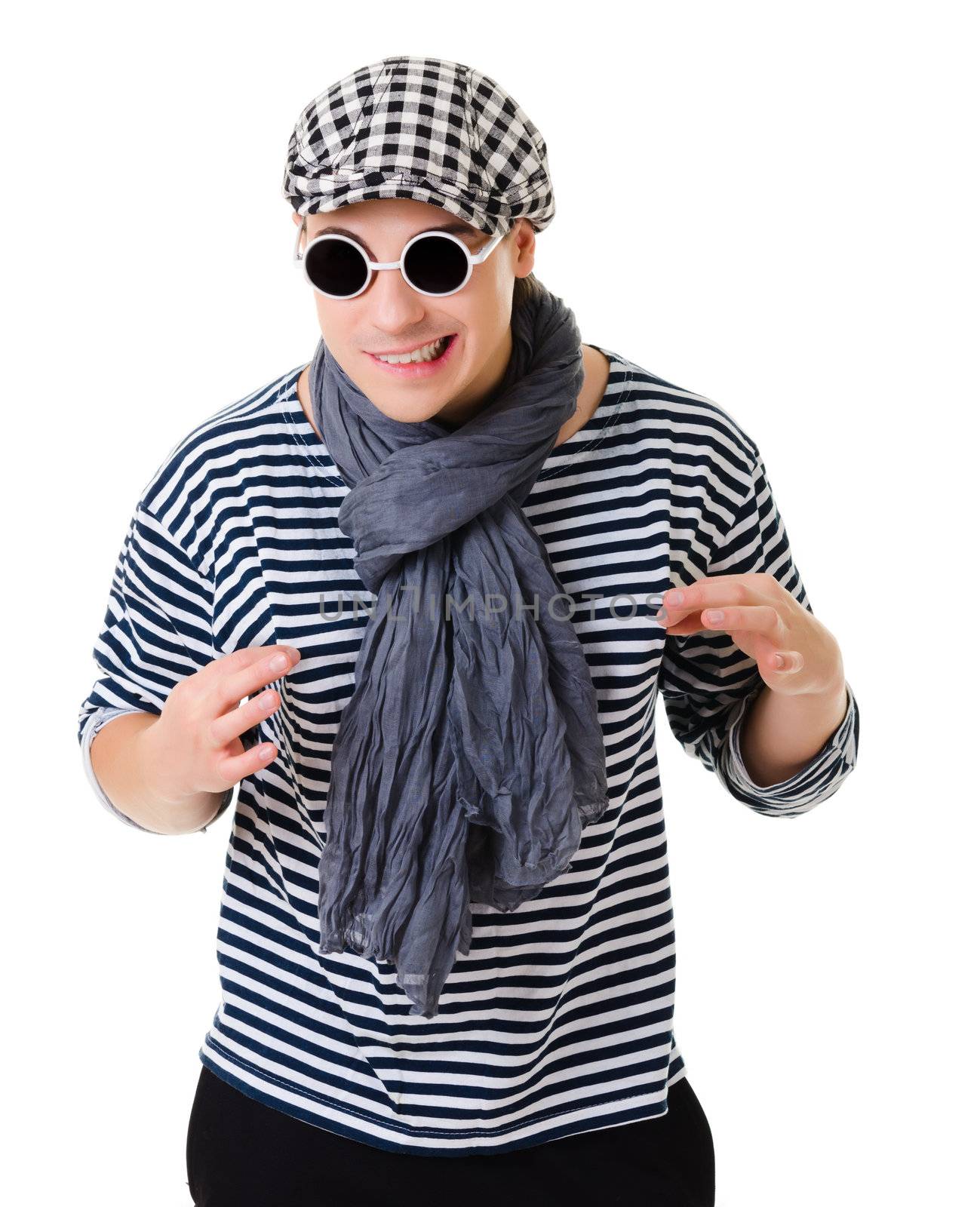 Young suspicious looking stylish twister man in striped clothes isolated on white background