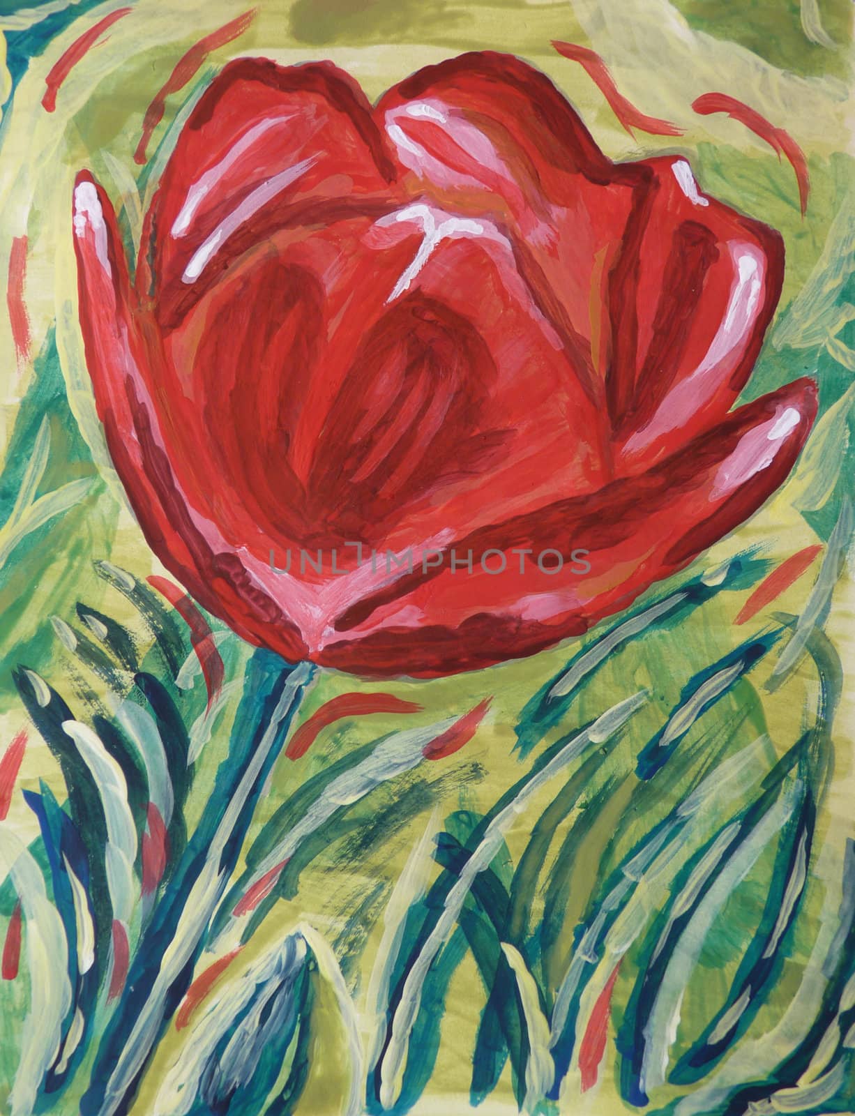 A colorful hand-made painting of a red rose