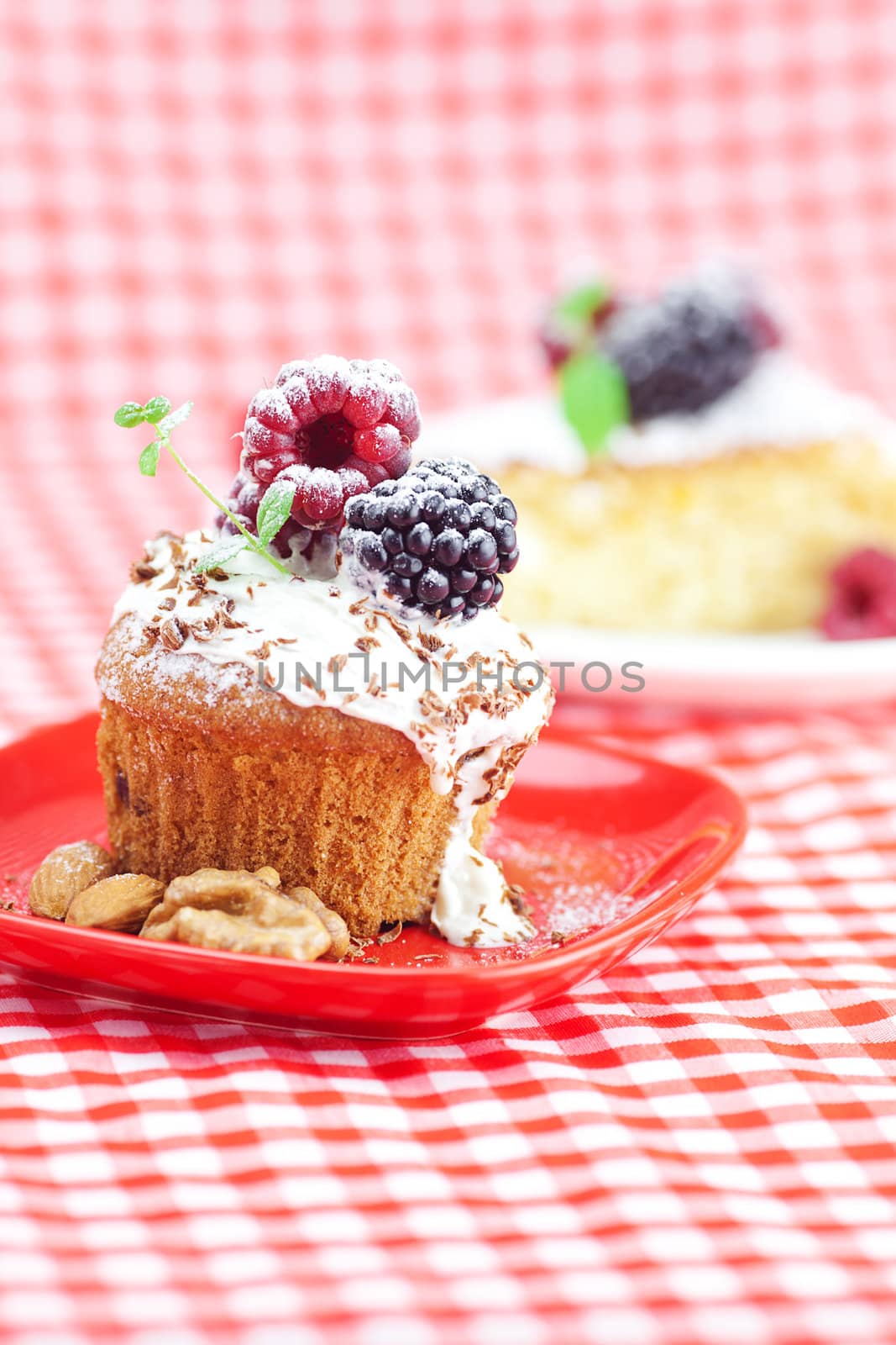 muffin with whipped cream, cake with icing, raspberry, blackberry and mint on a plate on plaid fabric