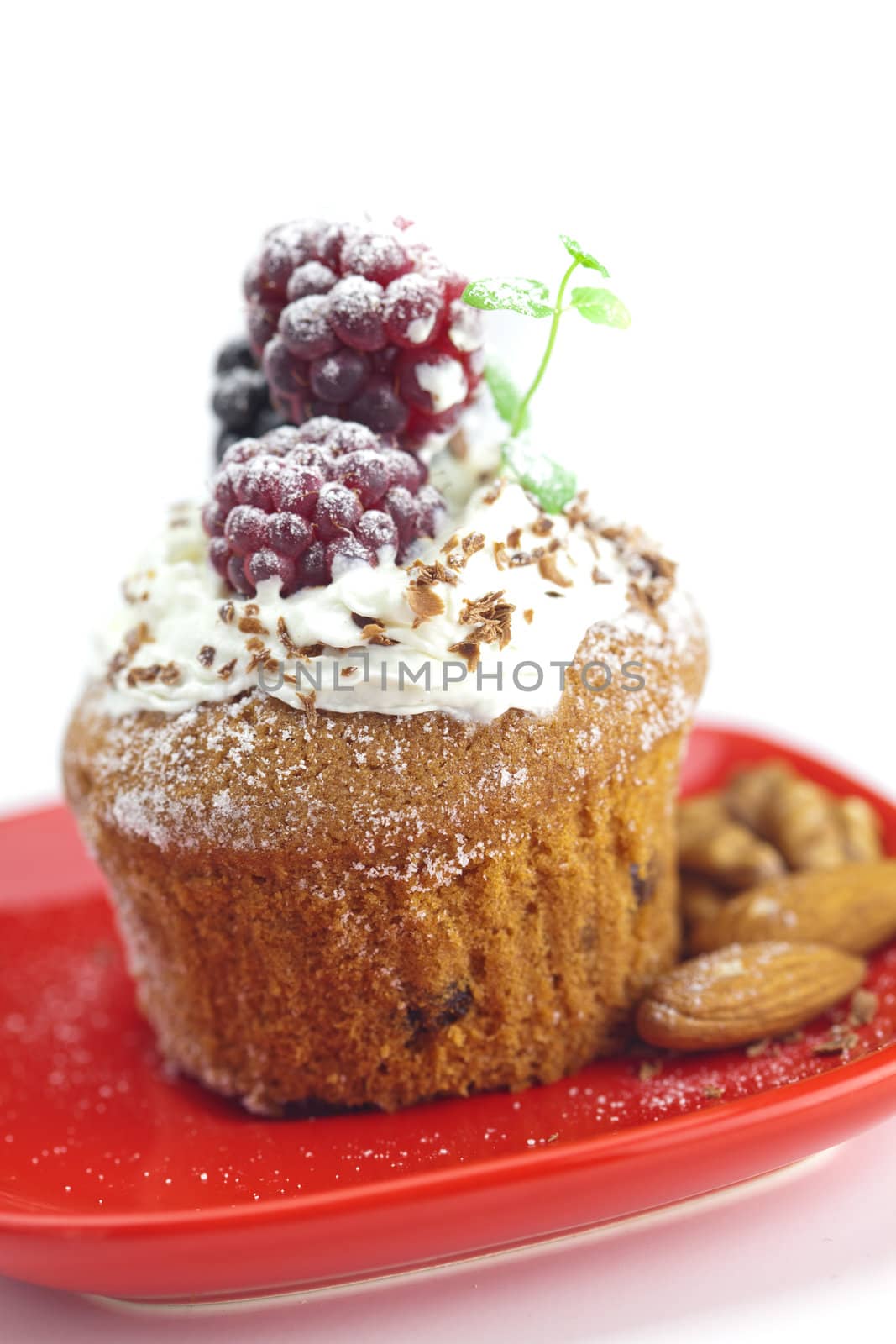 muffin with whipped cream,mint, raspberries, blackberries and nu by jannyjus