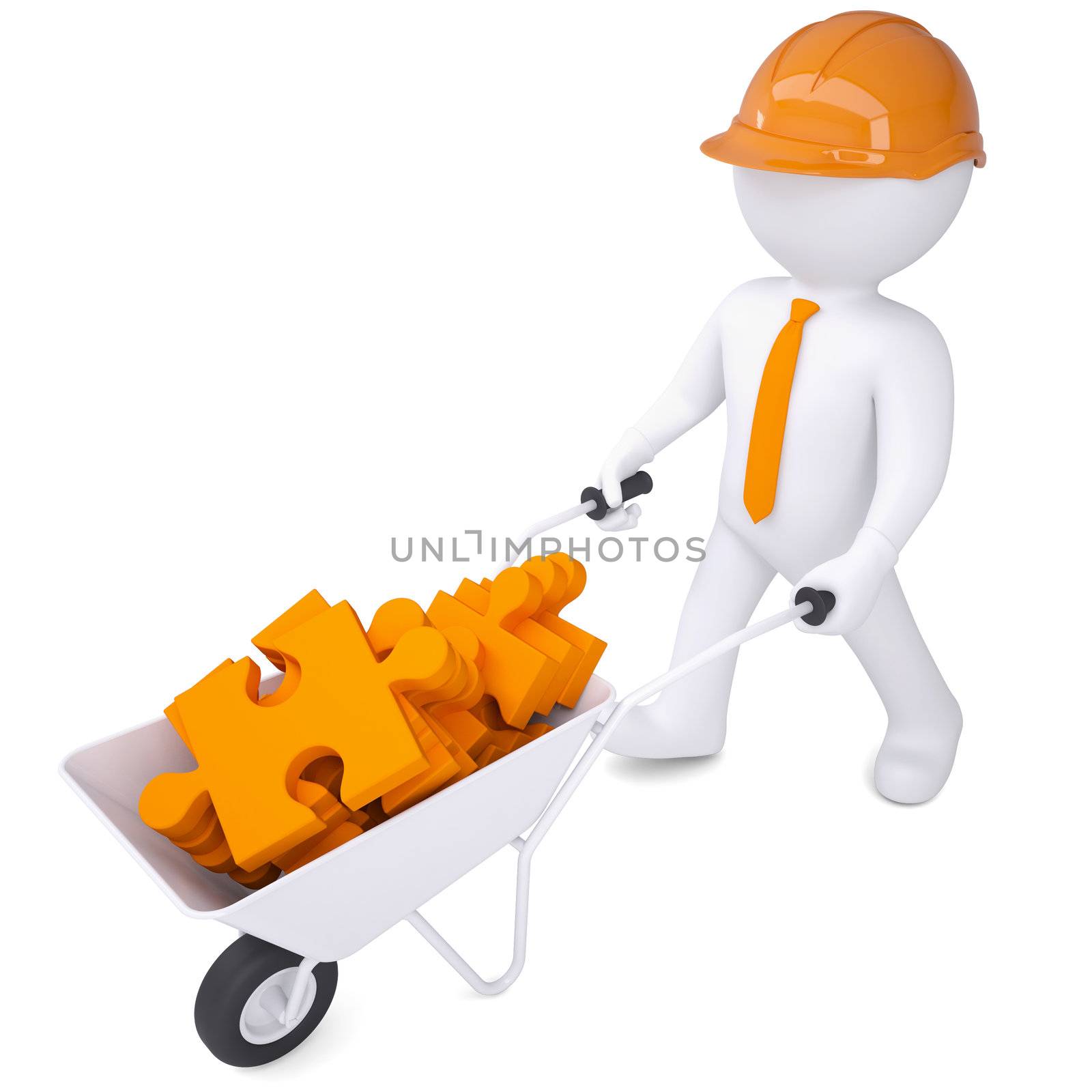 3d white man in a helmet carry in a wheelbarrow clay puzzles. Isolated render on a white background