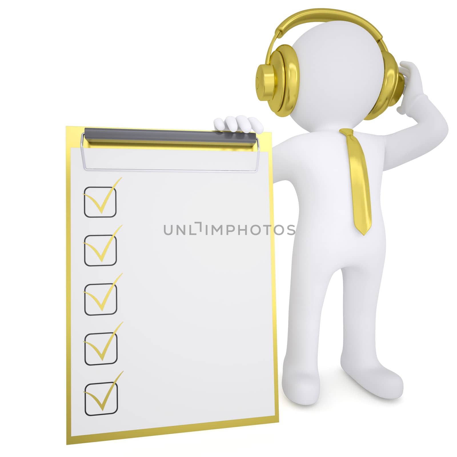 3d white man in gold headphones by cherezoff