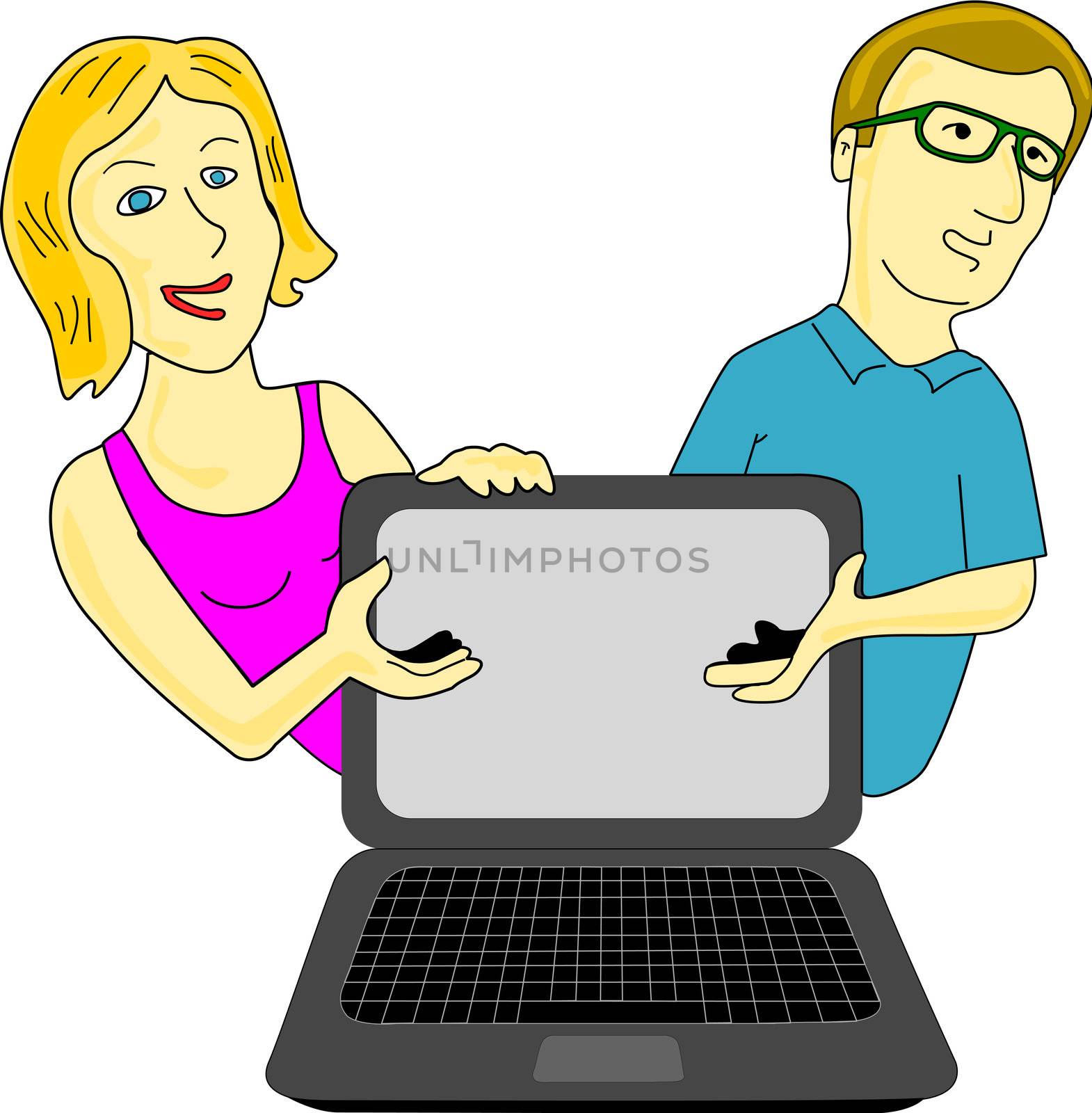 Couple presents computer or supposedly technological adverts on the computer screen, which can be added subsequently.  