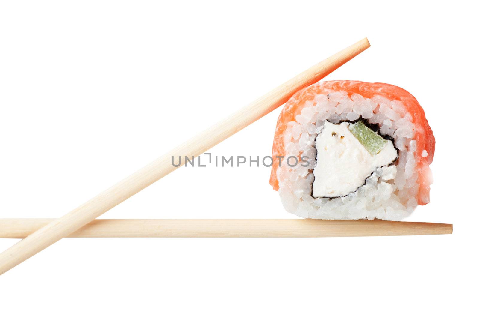 Close up top view of sushi isolated over white background