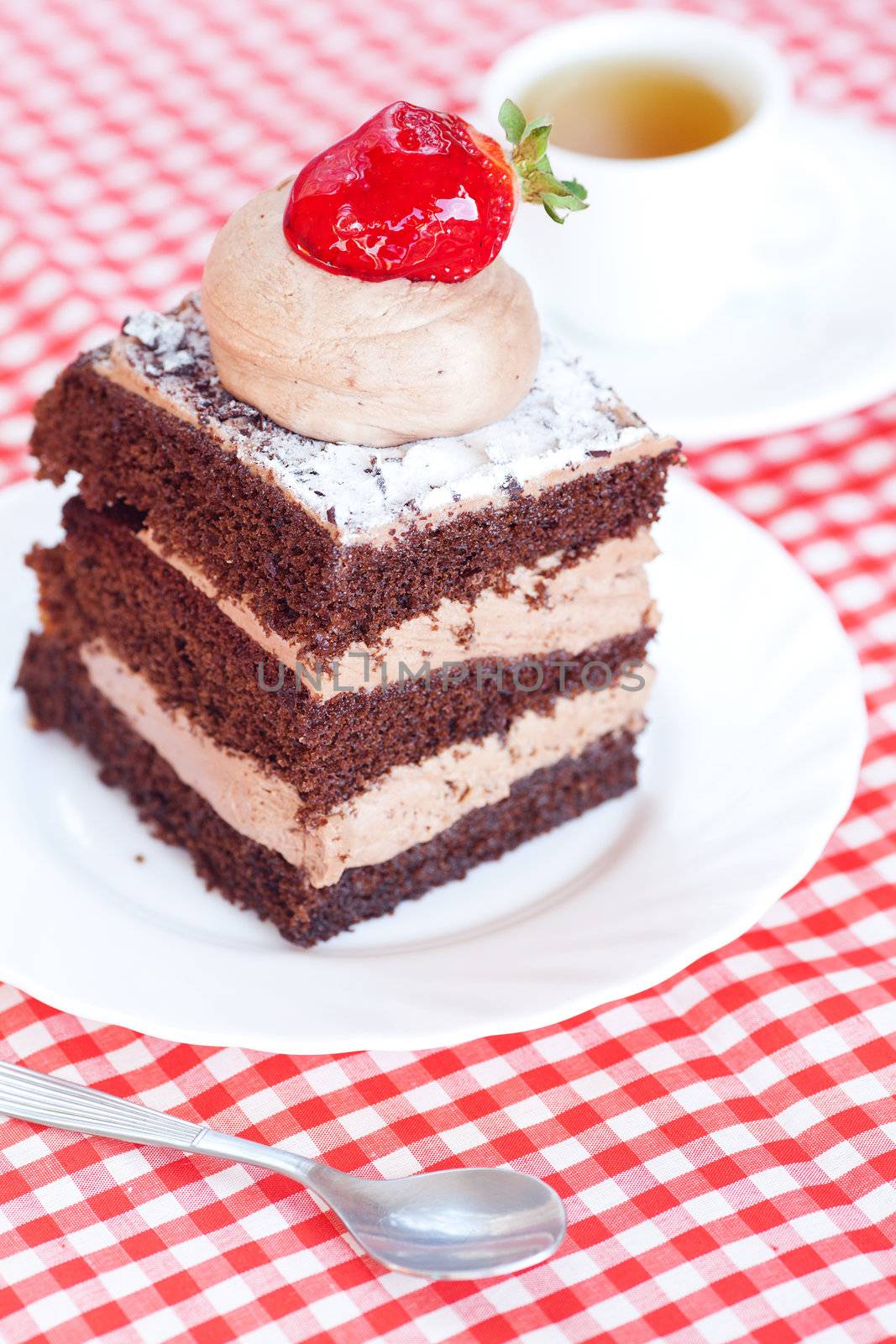 beautiful cake with strawberry and tea on plaid fabric