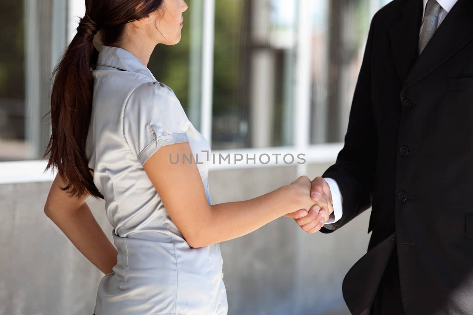 Faceless professional businesspeople shaking hands