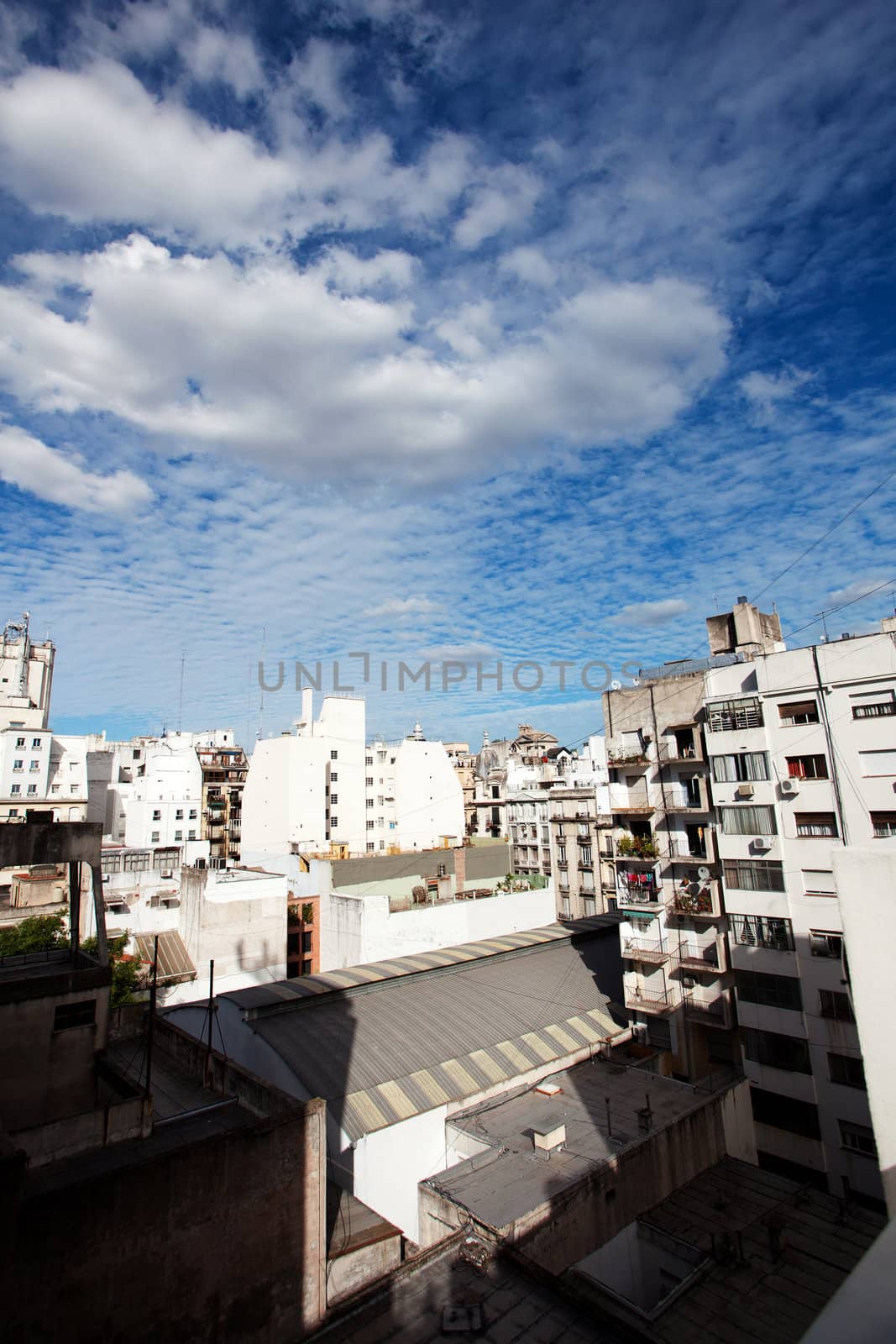 view of the city and the blue sky with clouds