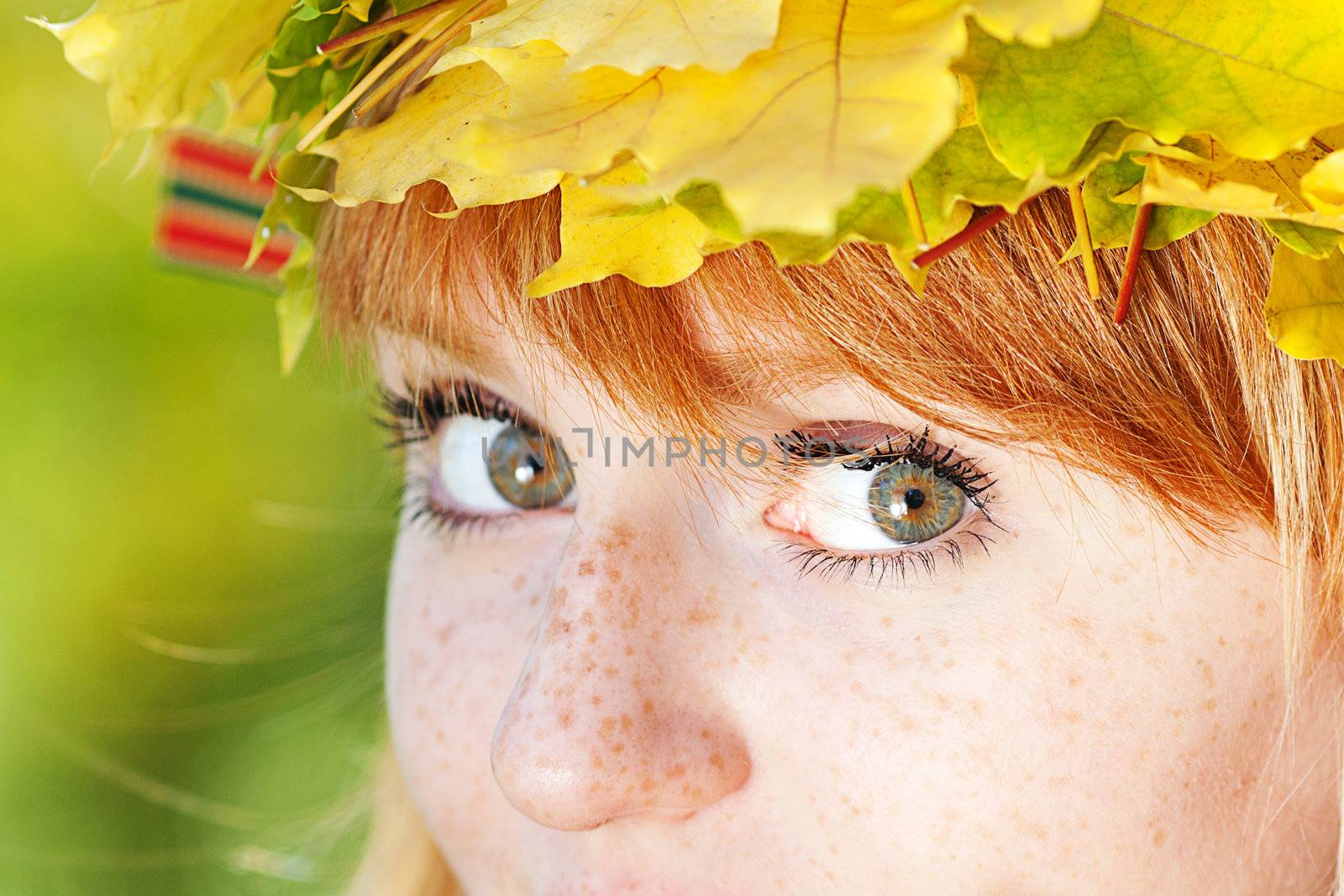 portrait of a beautiful young redhead teenager woman in a wreath by jannyjus