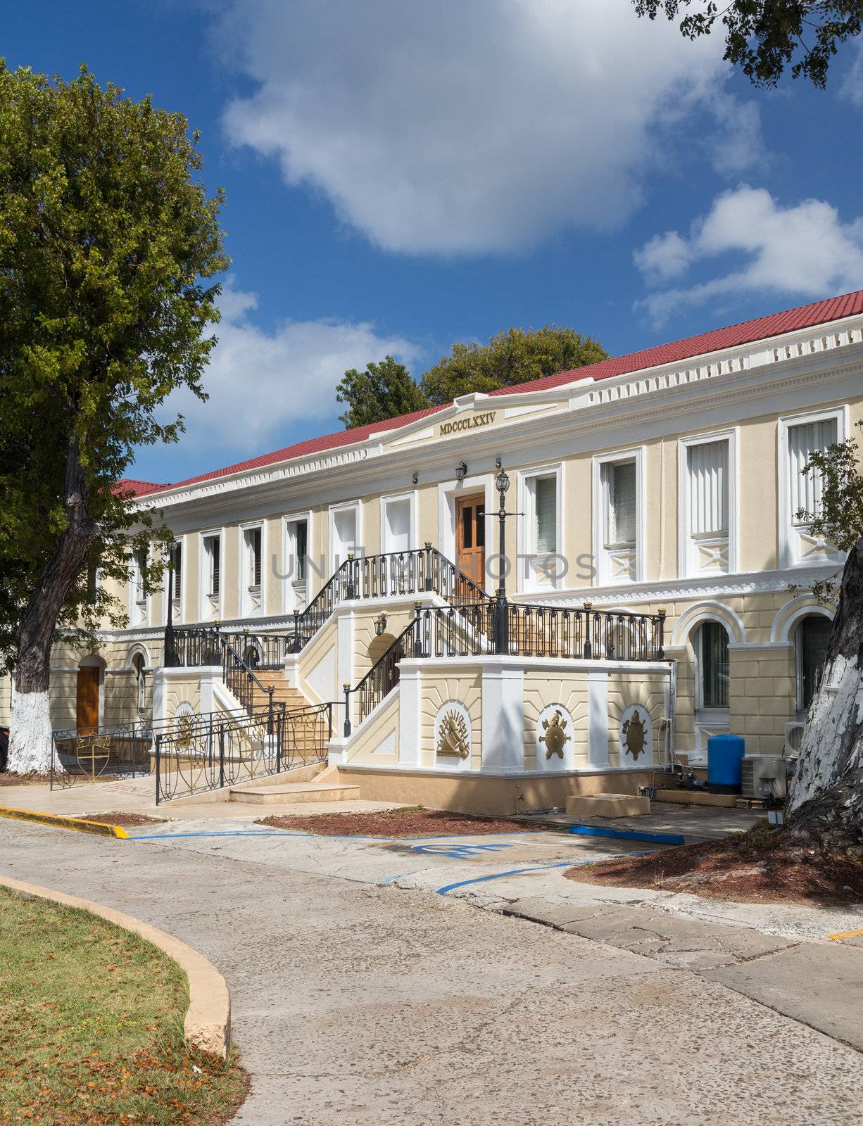 Ornate entrance to Legislature of US Virgin Islands in Charlotte Amalie, which governs the US Virgin Islands