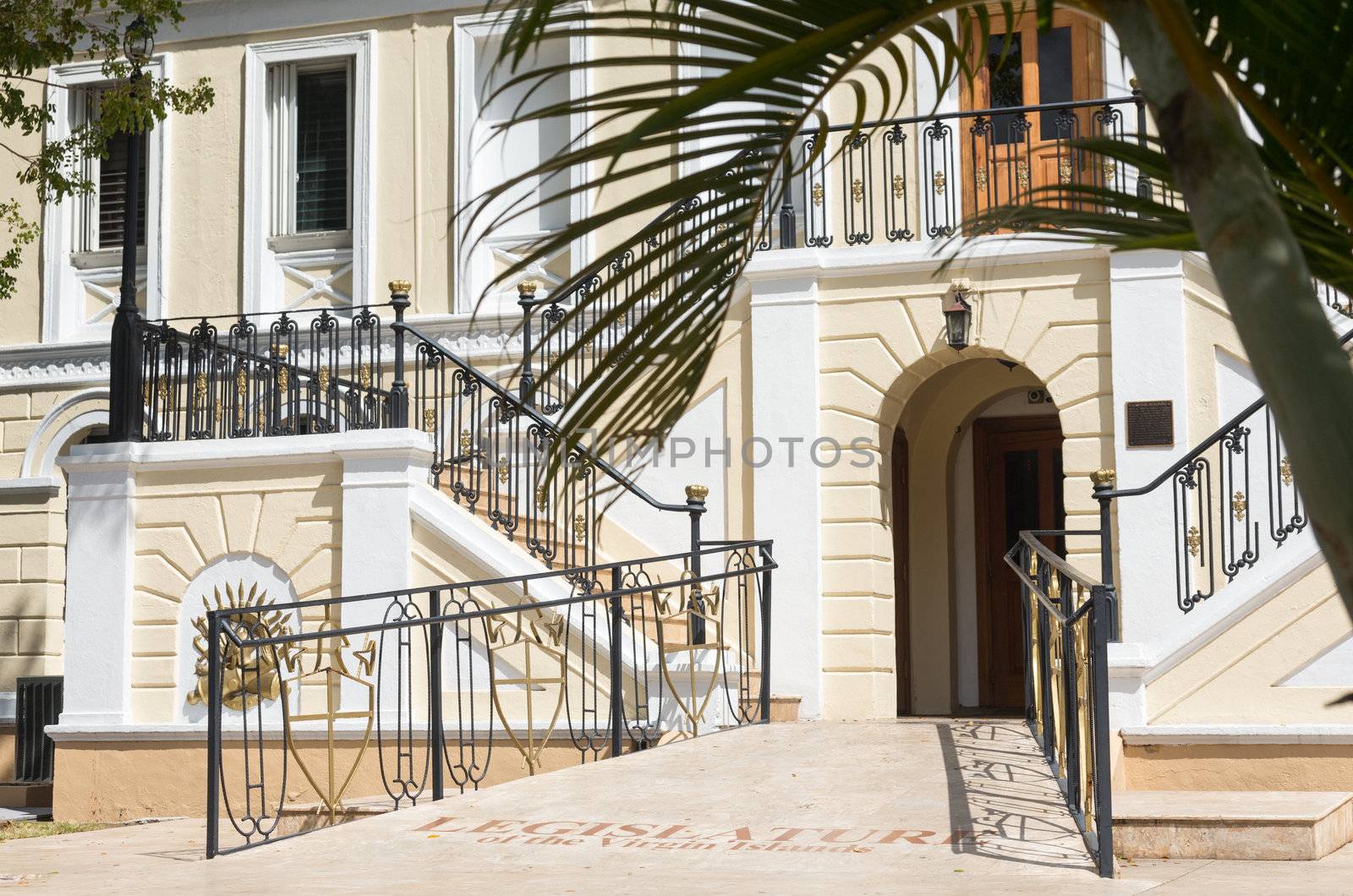Ornate entrance to Legislature of US Virgin Islands in Charlotte Amalie, which governs the US Virgin Islands