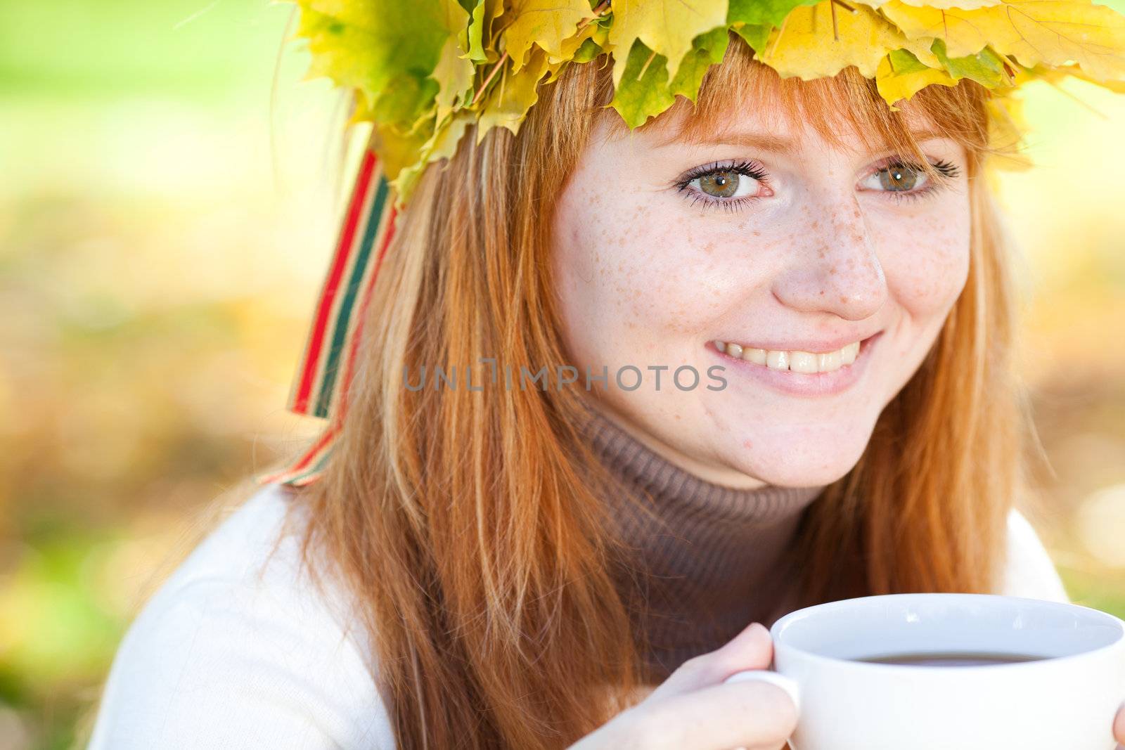 young redhead teenager woman in a wreath of maple leaves with cu by jannyjus