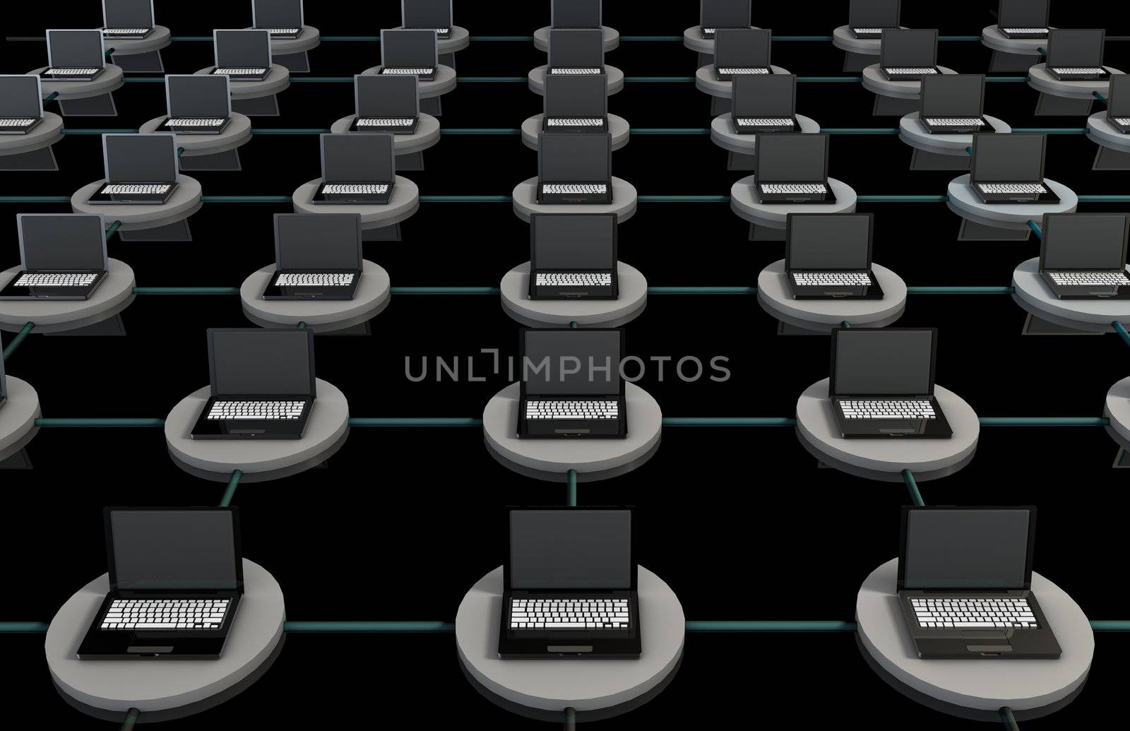 LAN Computer System in 3D with Laptops