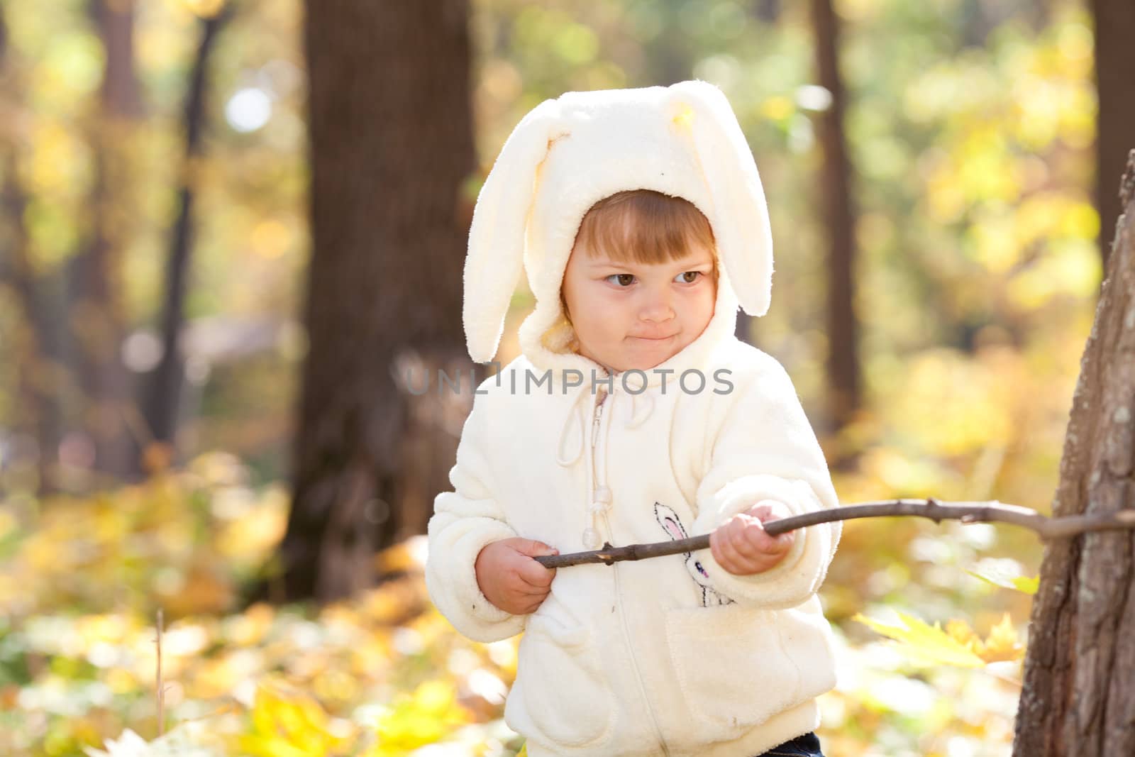 beautiful little girl in costume bunny in the autumn forest by jannyjus