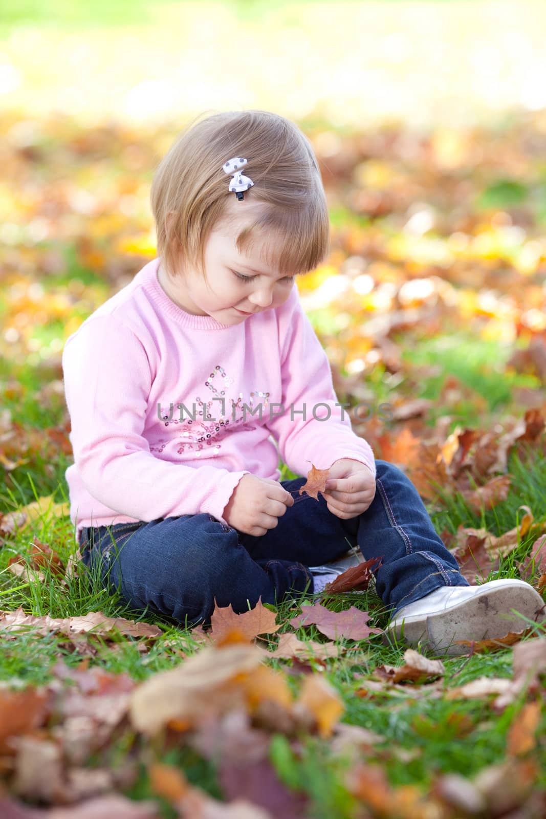 beautiful little girl sitting on the autumn leaves by jannyjus
