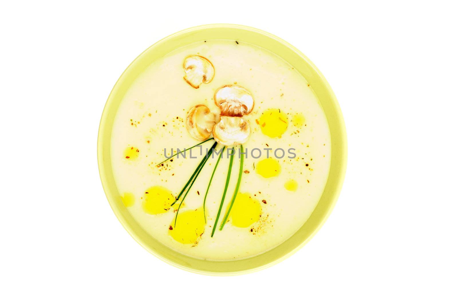 Mushroom Creamy Soup with Champignon and Greens in Yellow Bowl isolated on white background. Top View