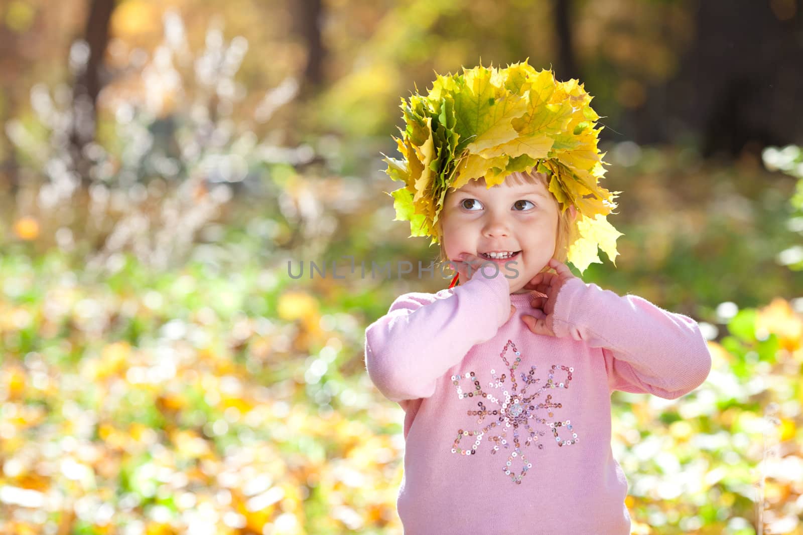 beautiful little girl in a wreath of maple leaves in autumn forest