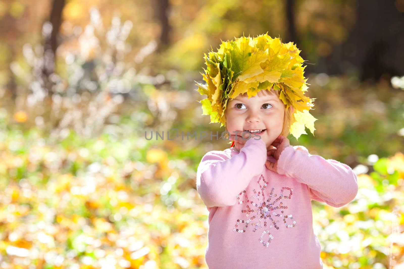 beautiful little girl in a wreath of maple leaves in autumn fore by jannyjus