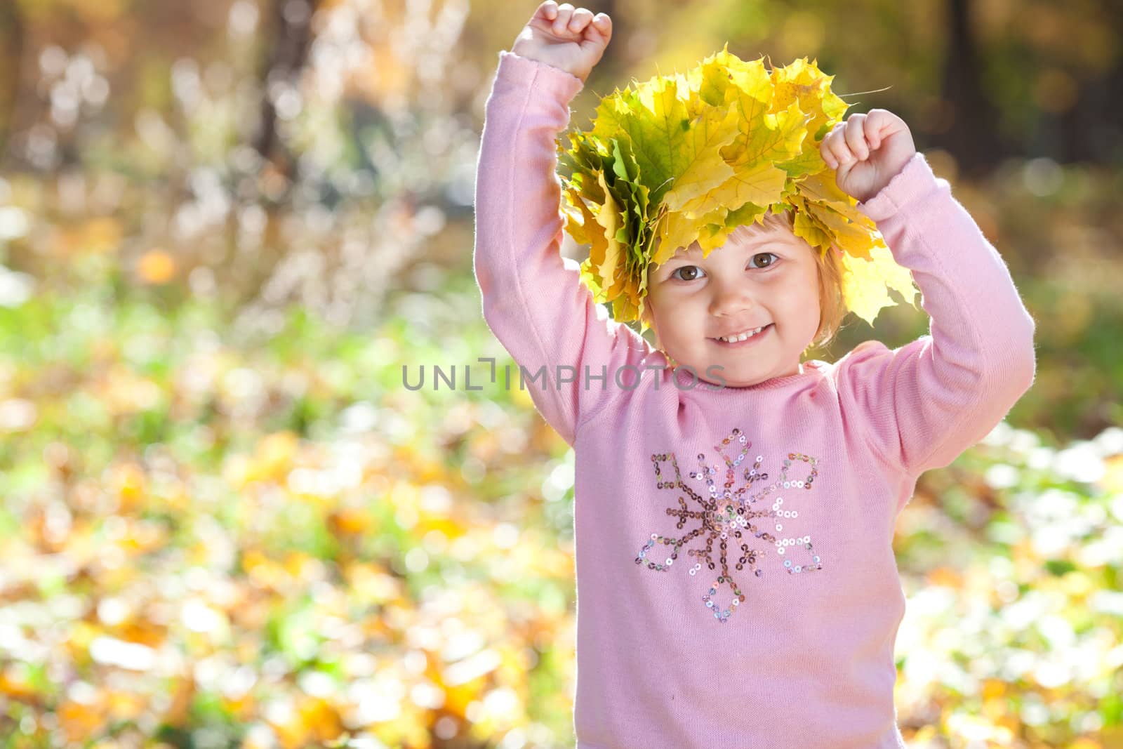 beautiful little girl in a wreath of maple leaves in autumn fore by jannyjus