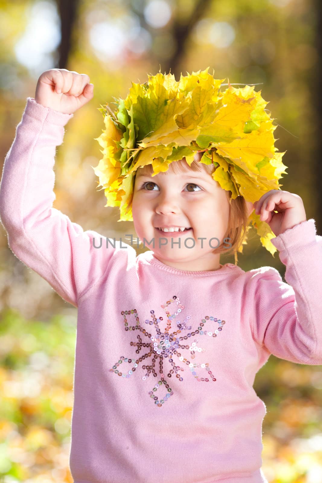 beautiful little girl in a wreath of maple leaves in autumn forest