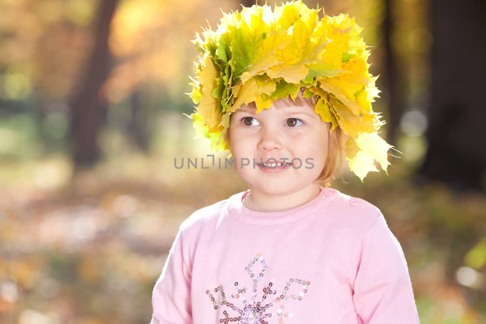 beautiful little girl in a wreath of maple leaves in autumn forest