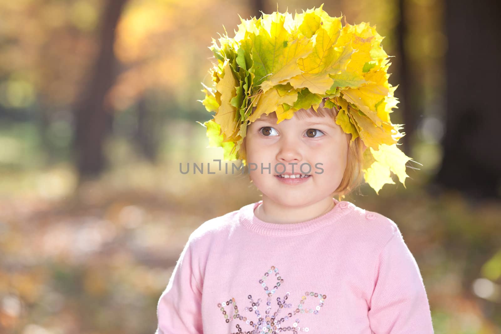 beautiful little girl in a wreath of maple leaves in autumn forest