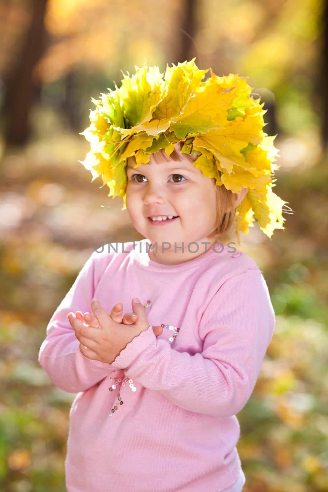 beautiful little girl in a wreath of maple leaves in autumn forest