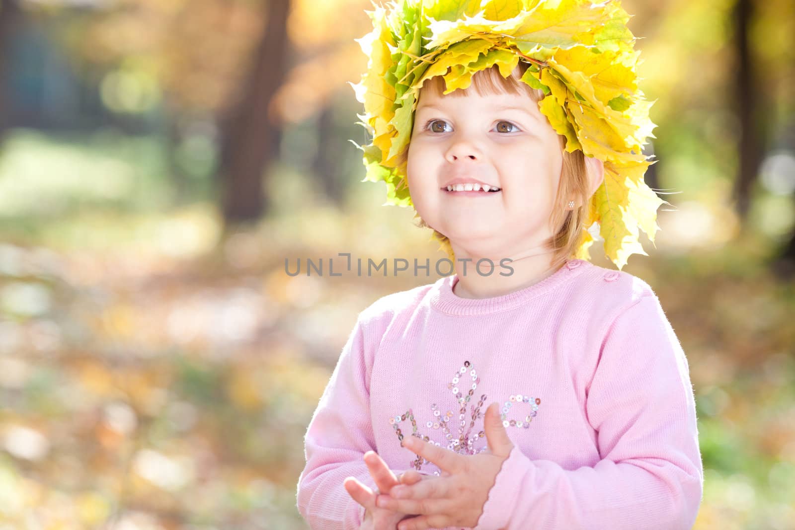 beautiful little girl in a wreath of maple leaves in autumn forest