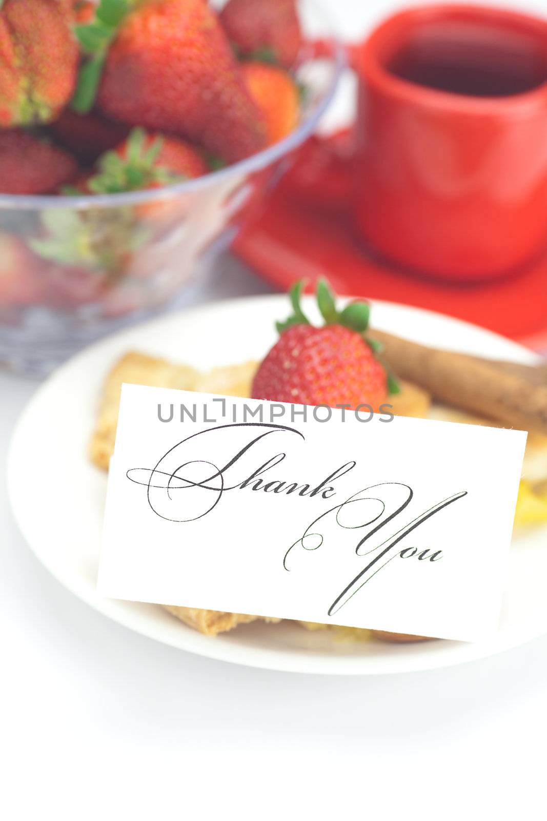 piece of apple pie, a card with the words thank you and strawberries isolated on white