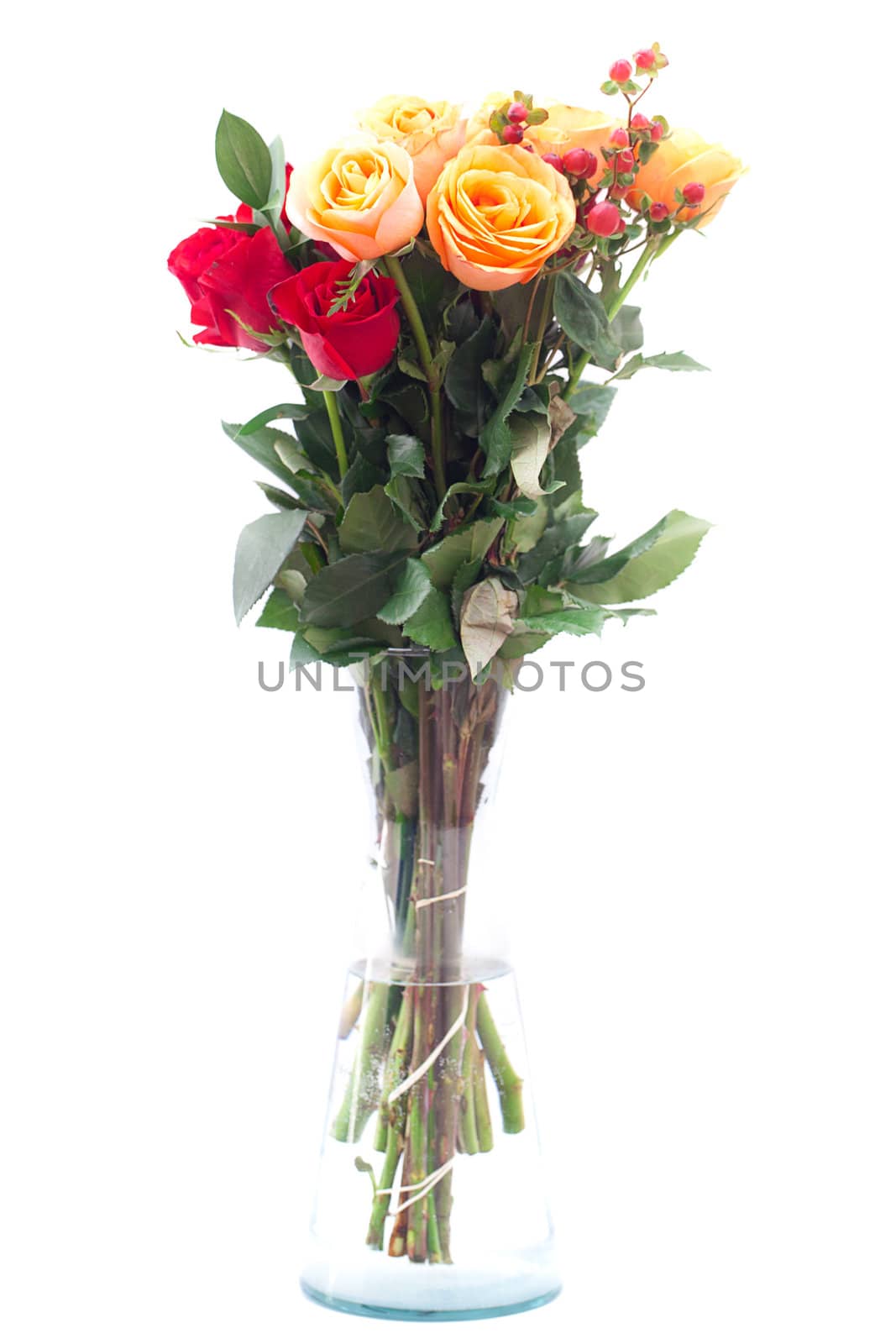 bouquet of colorful roses in a vase on white background