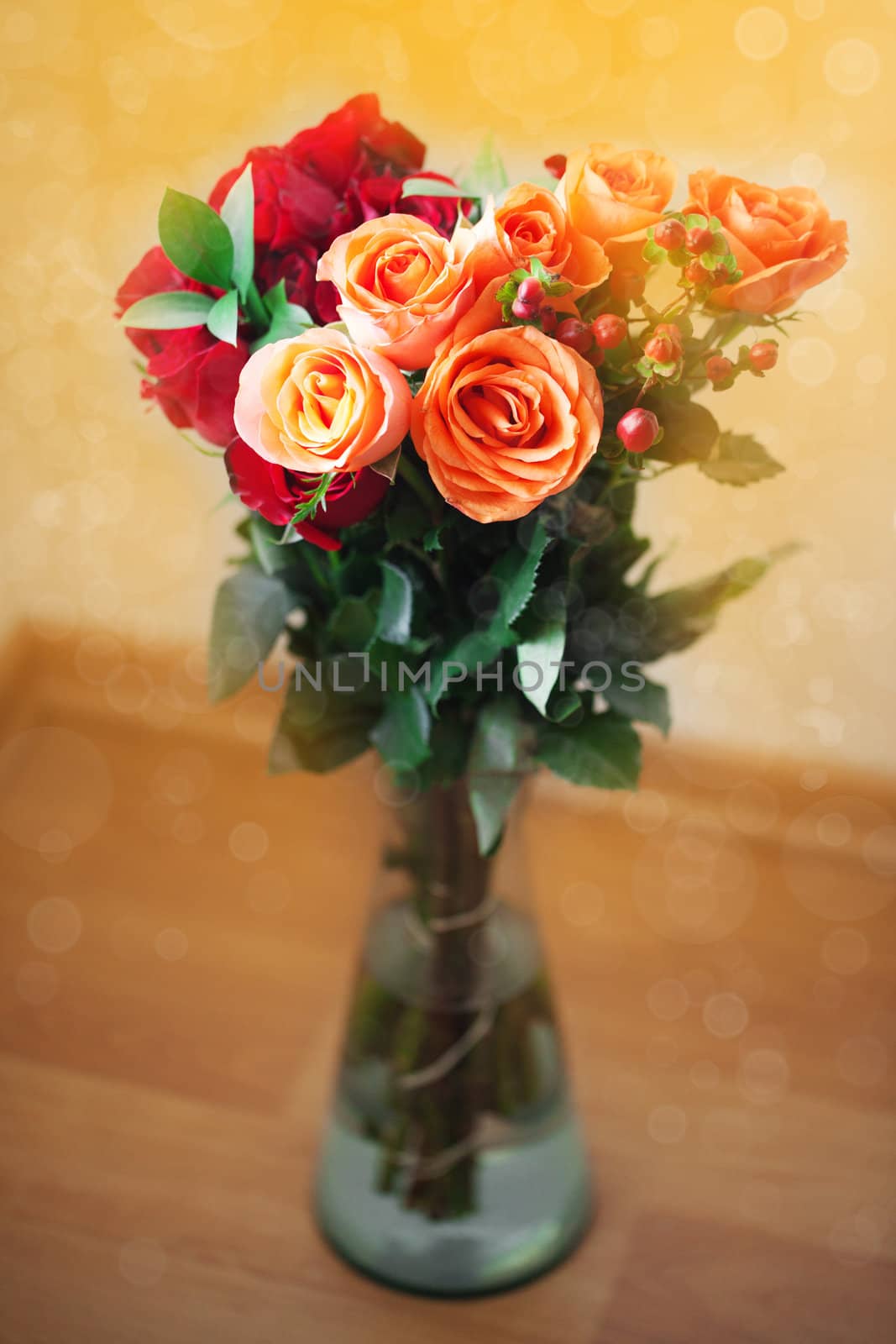 bouquet of colorful roses in vase with bokeh by jannyjus