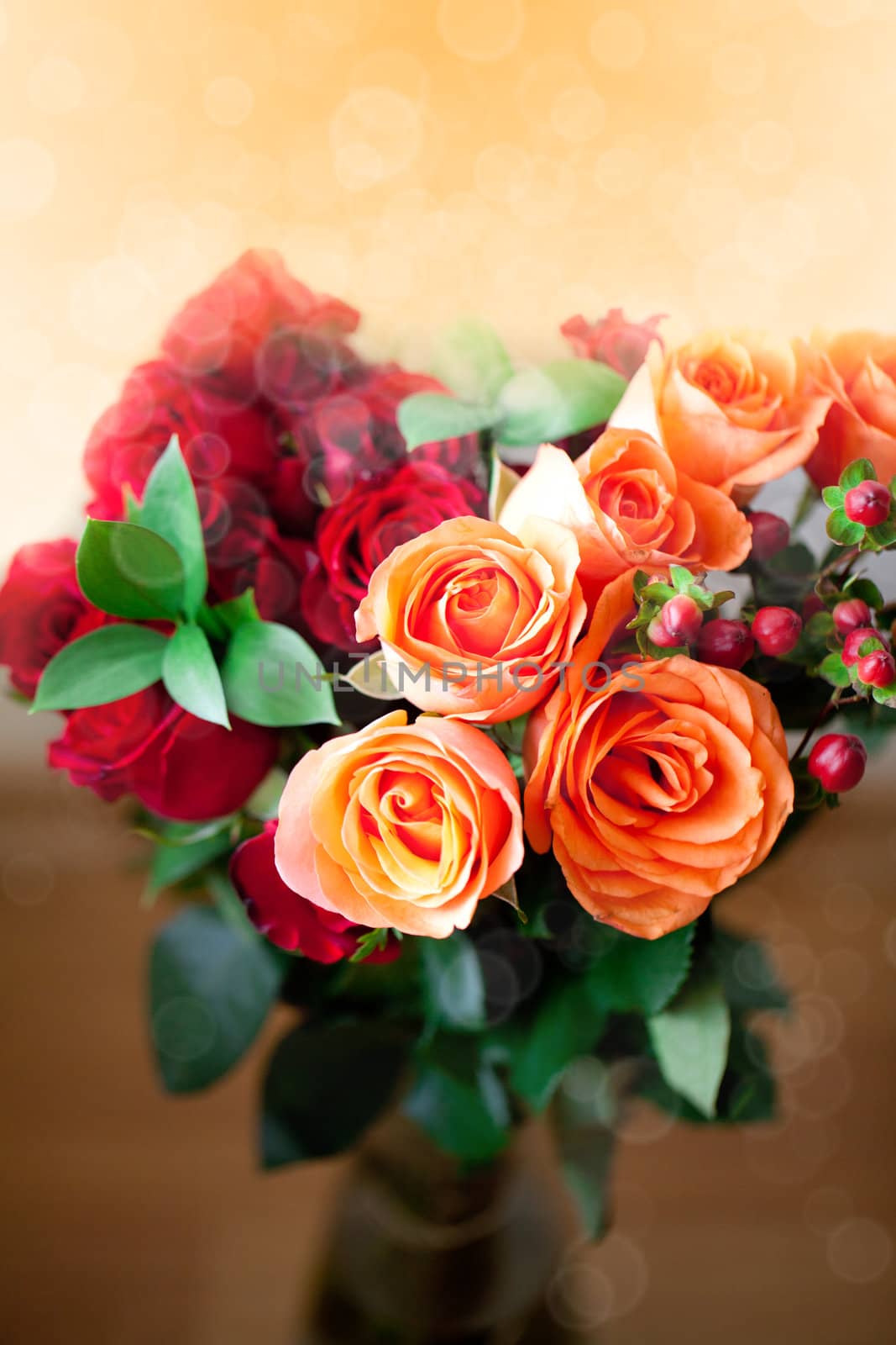 bouquet of colorful roses in vase with bokeh by jannyjus