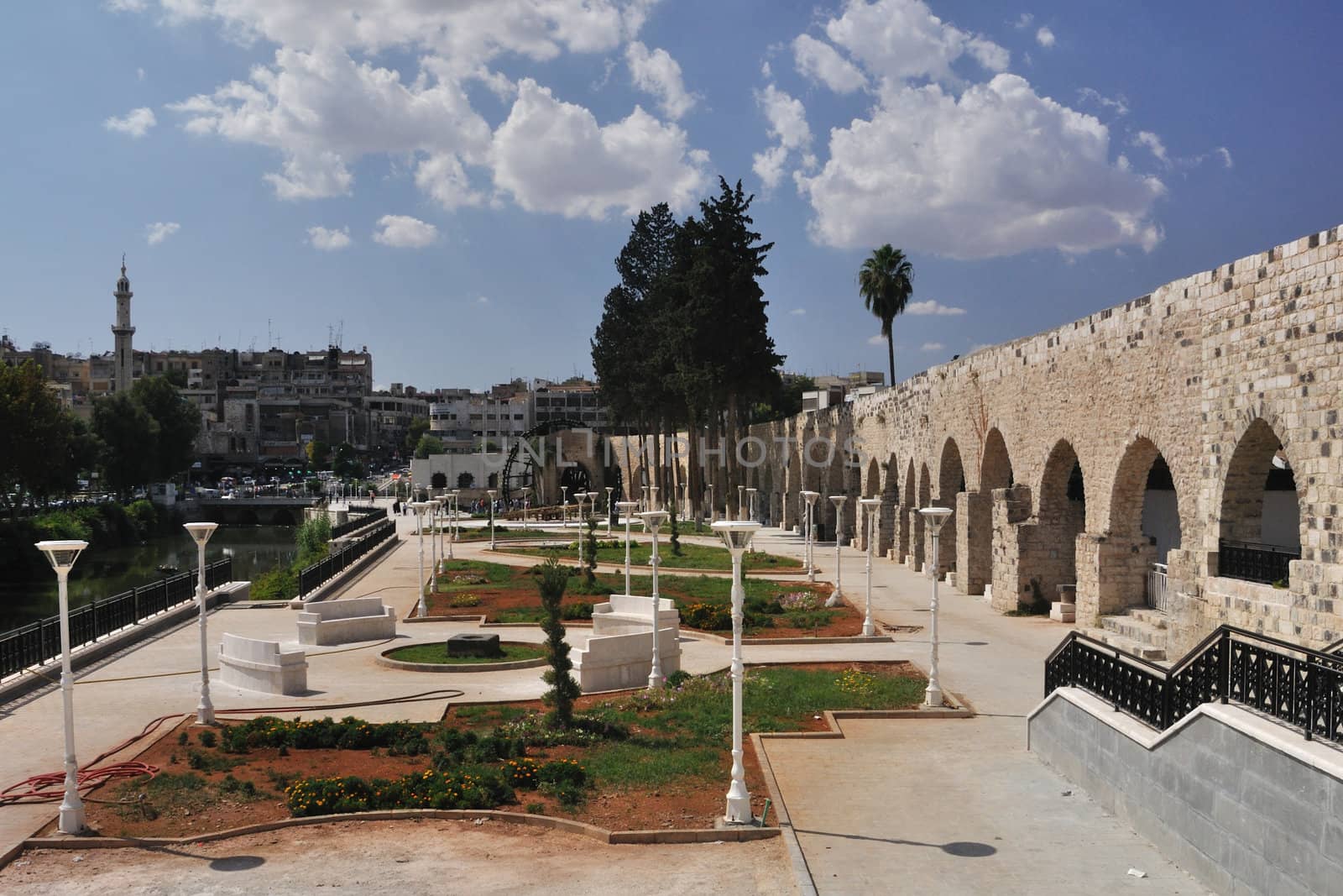 This is small garden round aqueduct in Hama, in Syria.