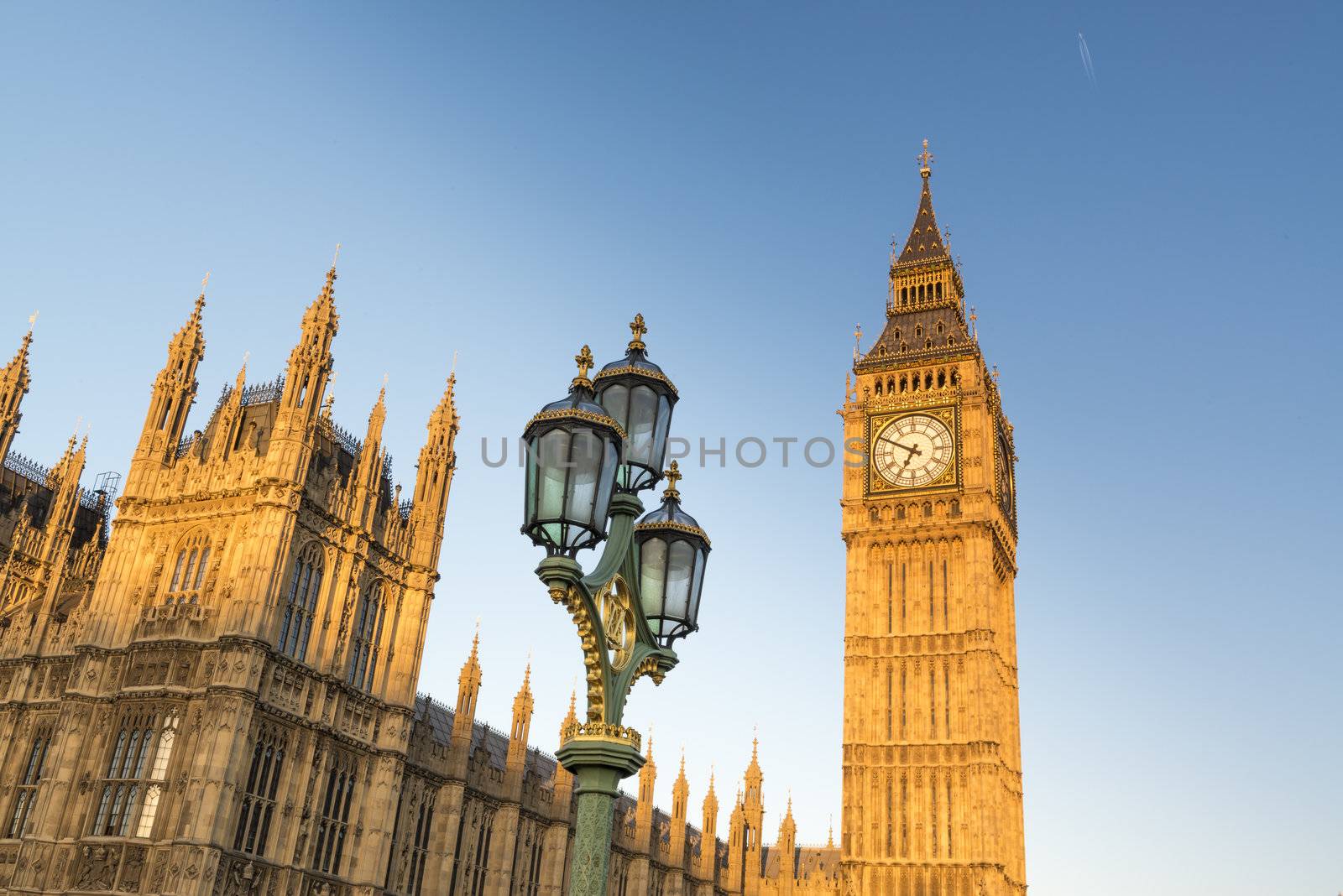 North face of Big Ben with Houses of Parliament, in London, UK