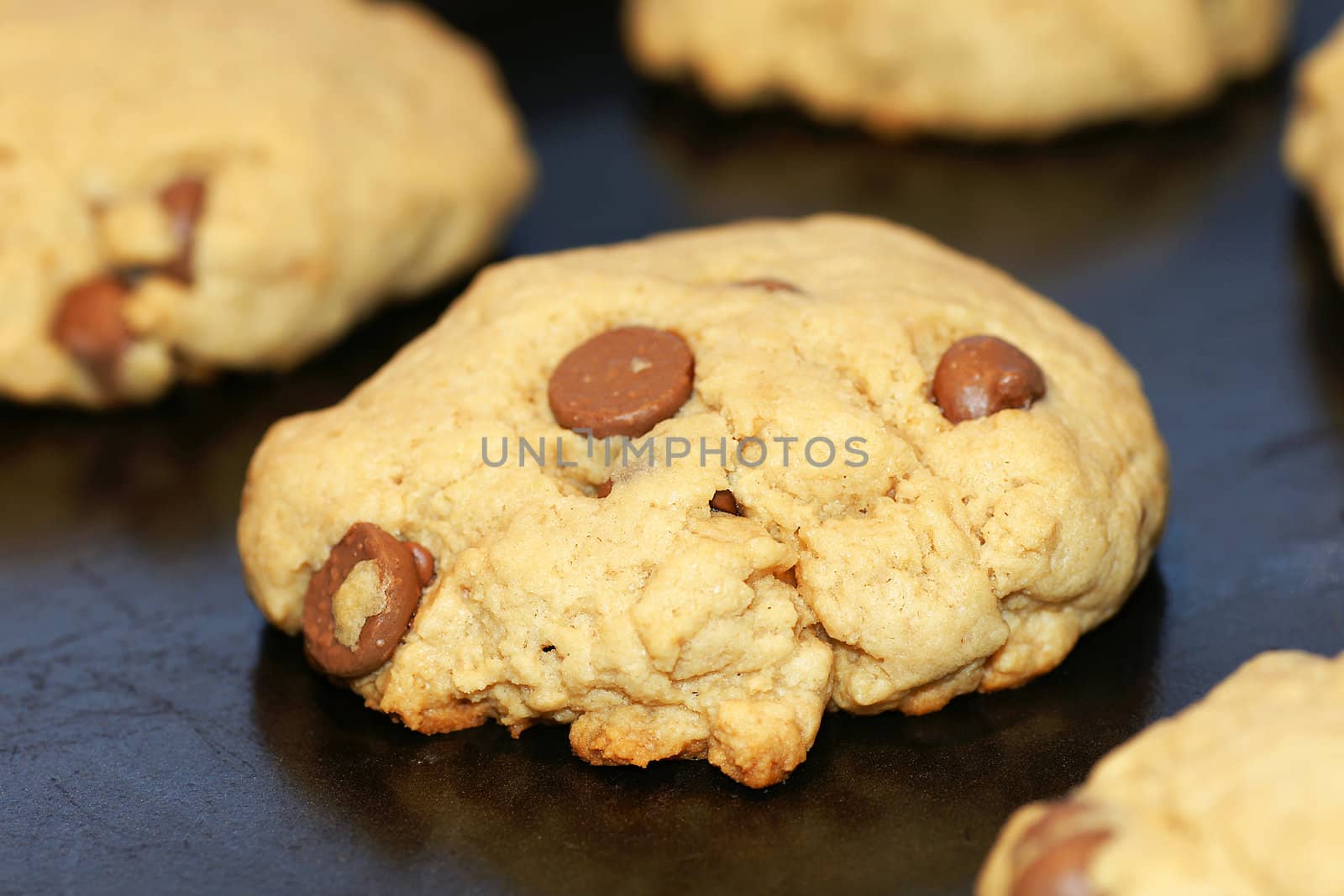 Homemade chocolate chips cookies baking on pan