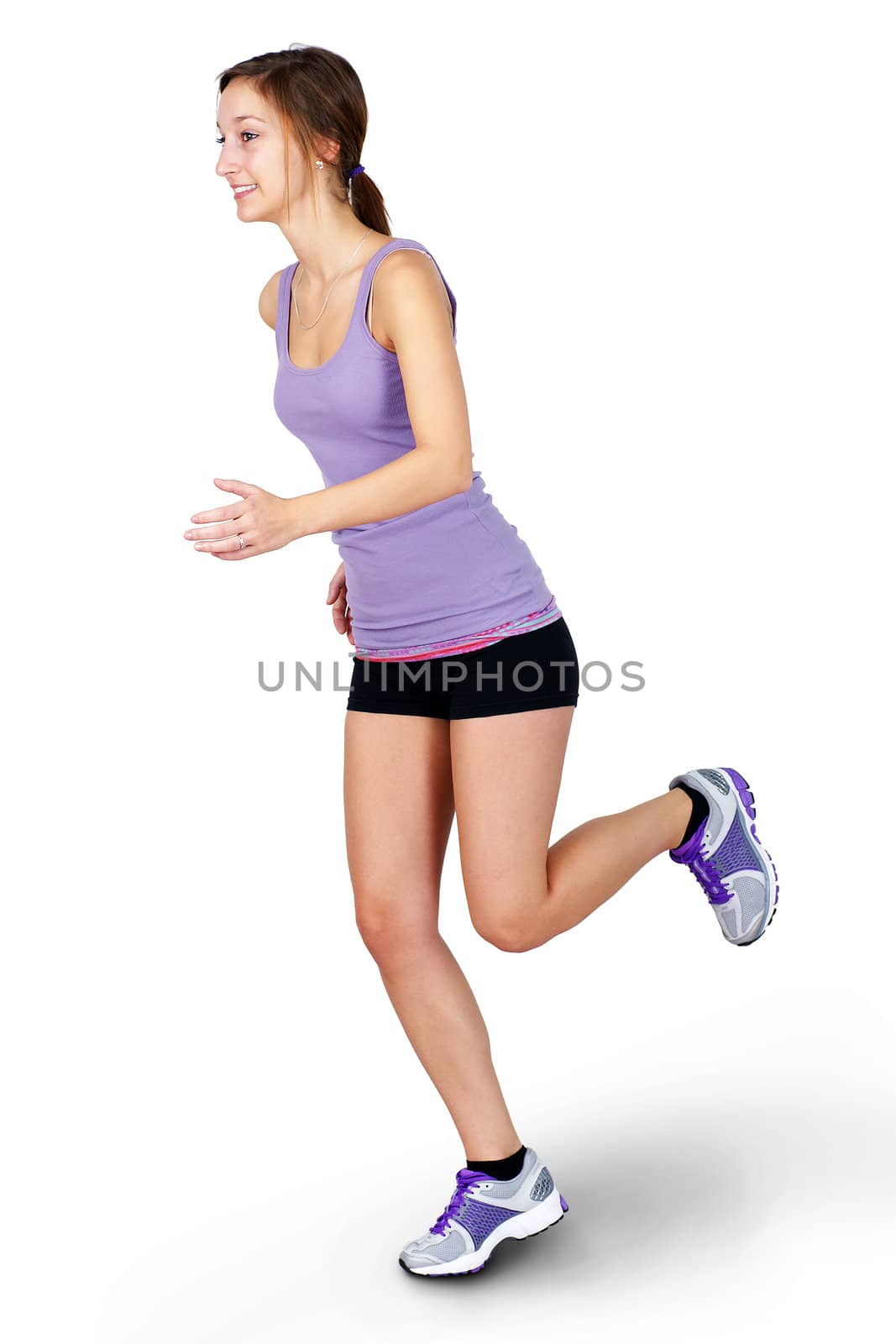 Young woman jogging over white background by Mirage3