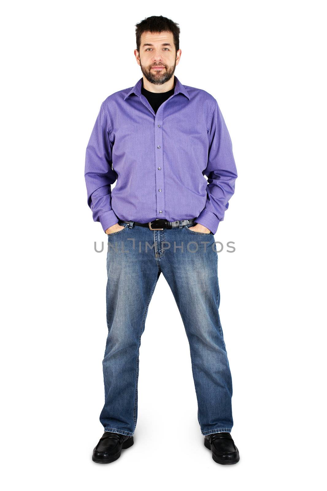 Complete body shot of a tall caucasian man in jeans over white