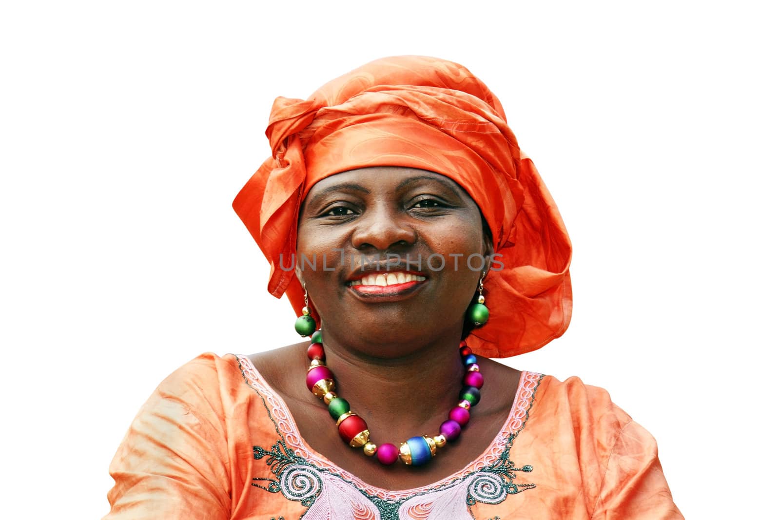 Smiling African woman in orange scarf on white by Mirage3