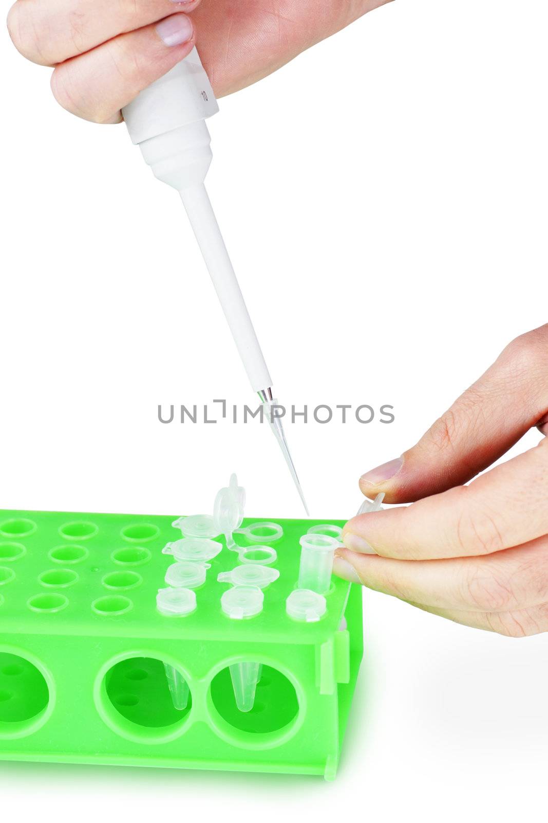 Researcher using a micropipette to fill vials, can be genetic tests or other laboratory experiment.