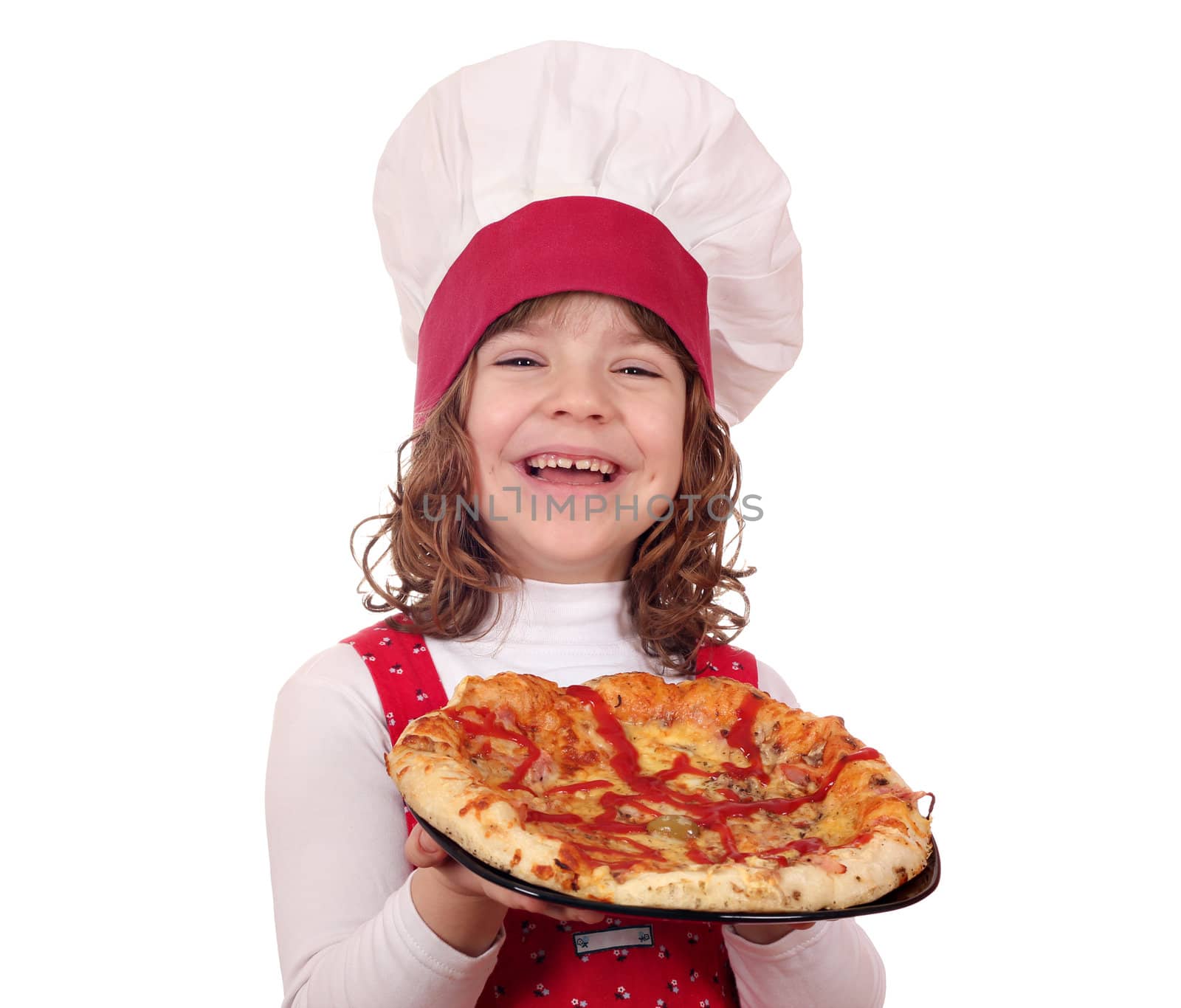 happy little girl cook with pizza on white 