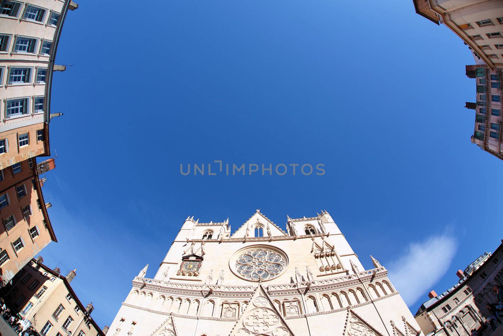 Saint Jean cathedral in Lyon city, with fish eye