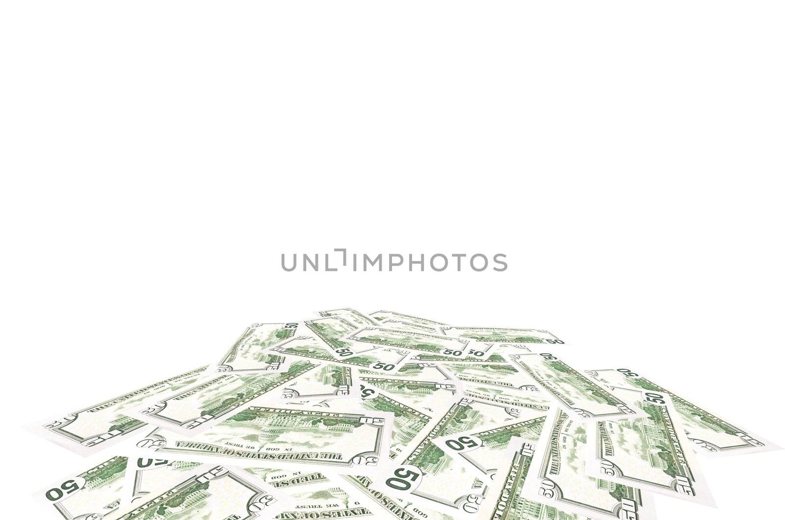 A stack of fifty 50 dollar bills fanned out with the back US Capitol showing on a white background