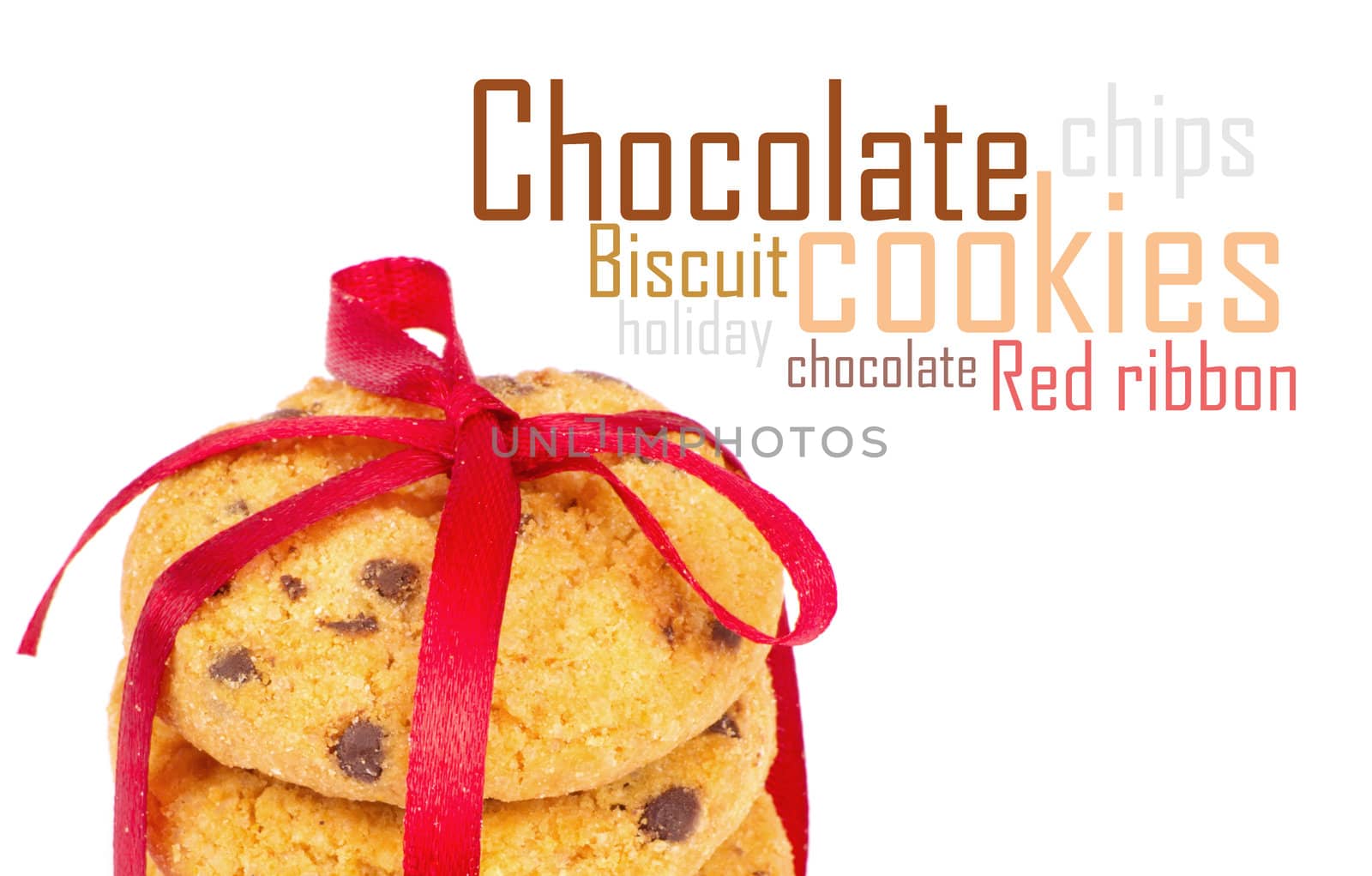 Chocolate chips cookies with red ribbon isolated on white