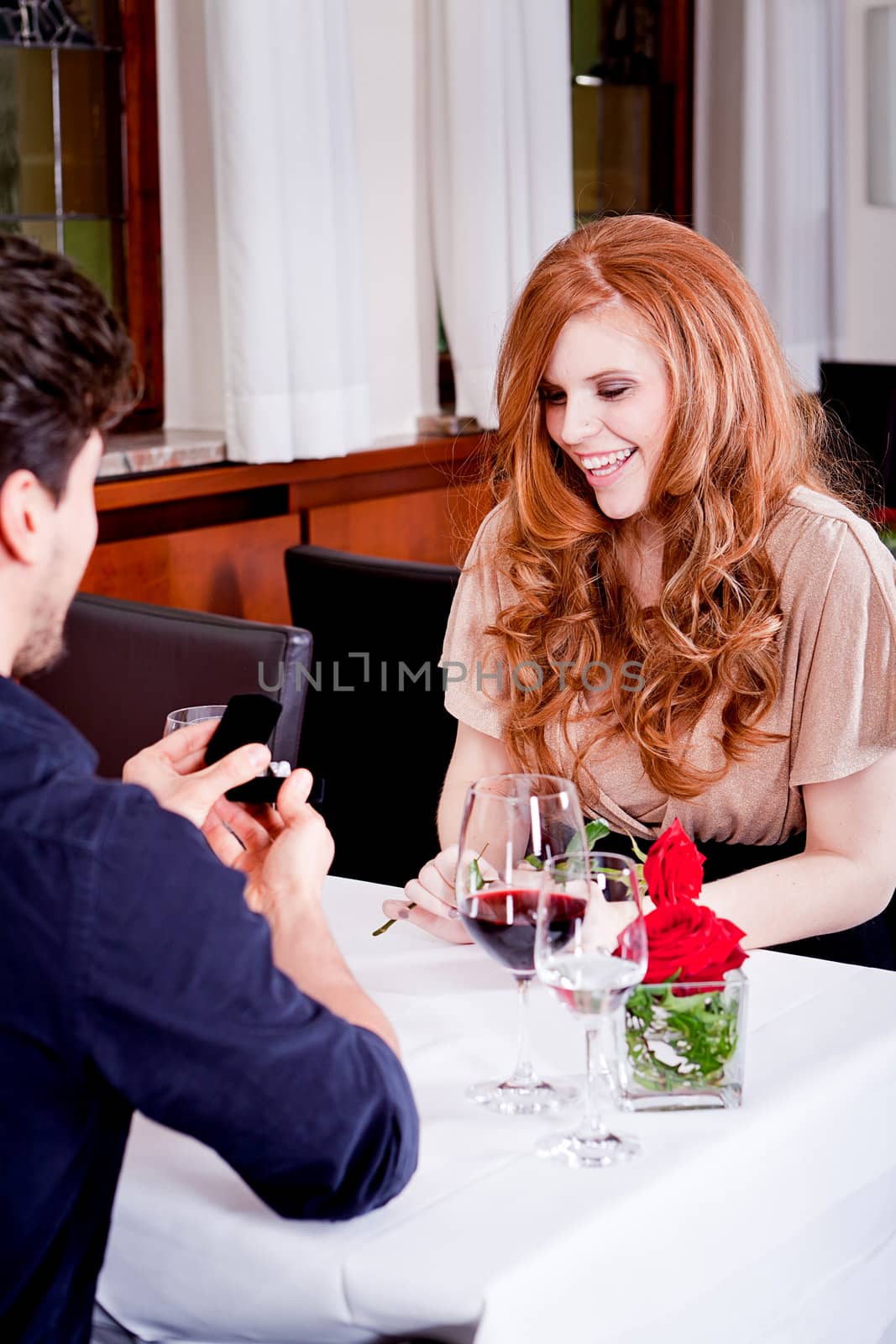 happy couple in restaurant romantic date  by juniart